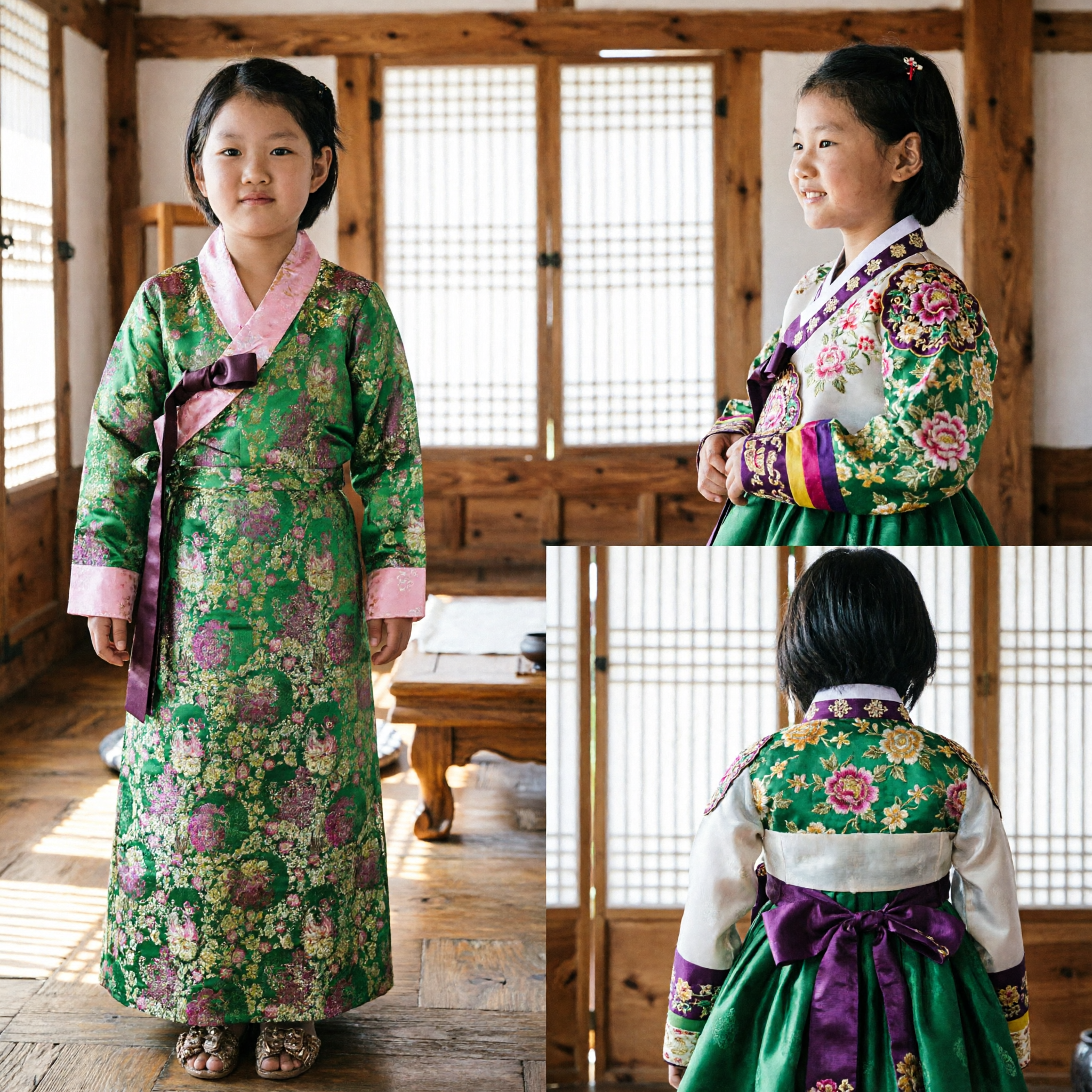 Hanbok Coréen Traditionnel Vert Floral pour Enfants - Robe à Manches Longues pour Spectacles de Filles - Asian Costume