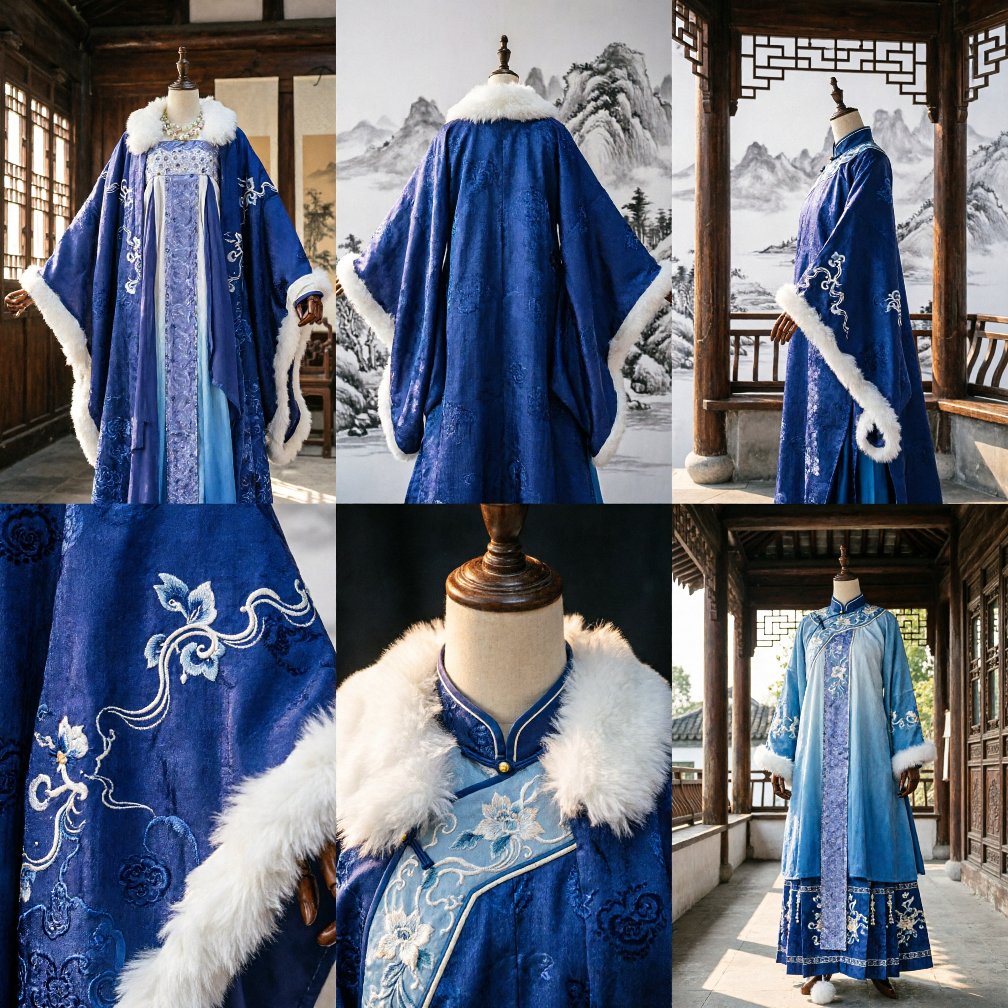Royal Blue Traditional Chinese Hanfu Tang Dynasty Embroidered Robe with White Fur Collar for Cosplay - Asian Costume
