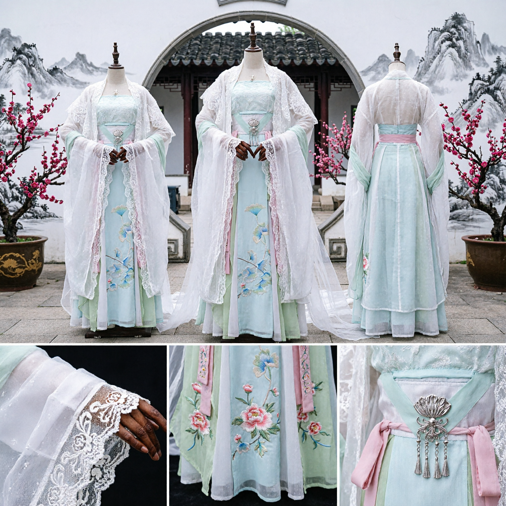 Traditional Chinese Hanfu Ancient Fairy Costume Blue Green Floral Embroidery Dress for Women Cosplay - Asian Costume