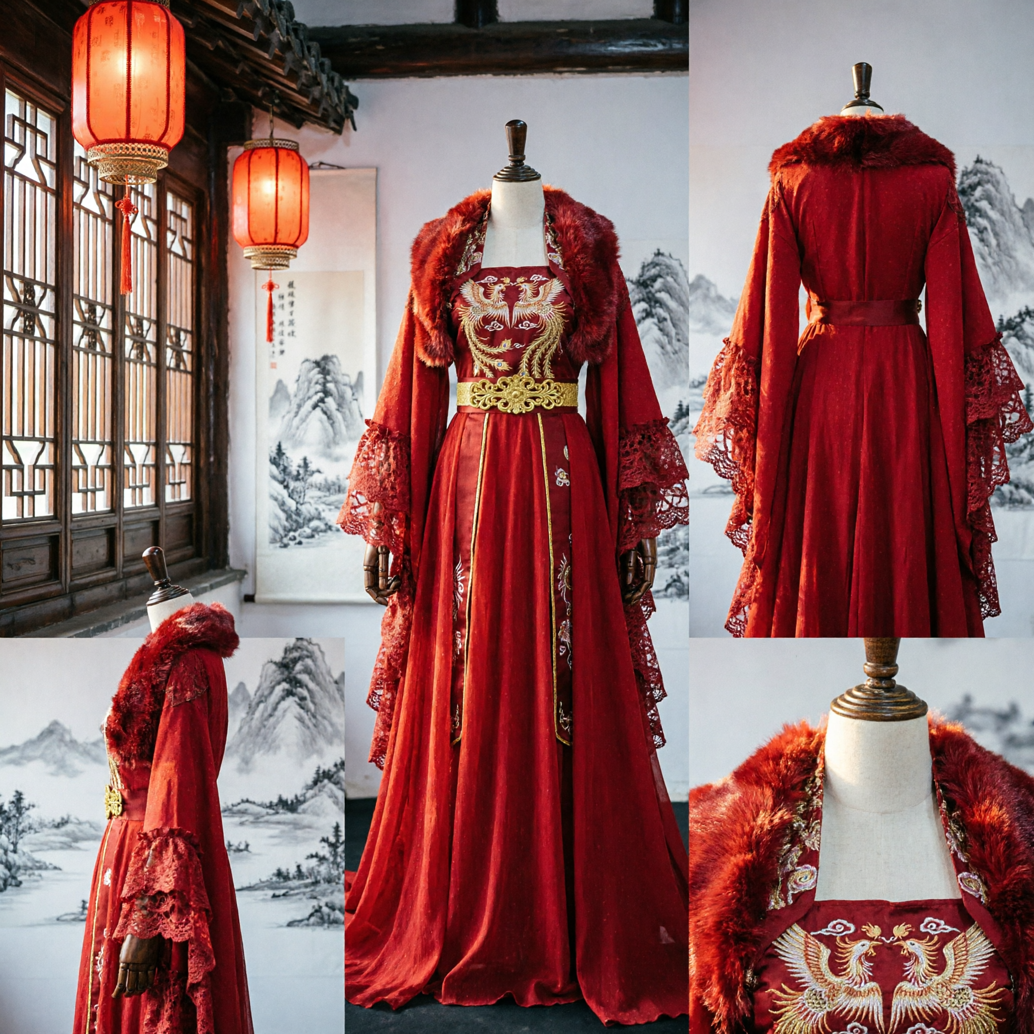 Traditional Chinese Red Hanfu Wedding Dress Ancient Princess Costume with Fur Trim Cloak for Women - Asian Costume