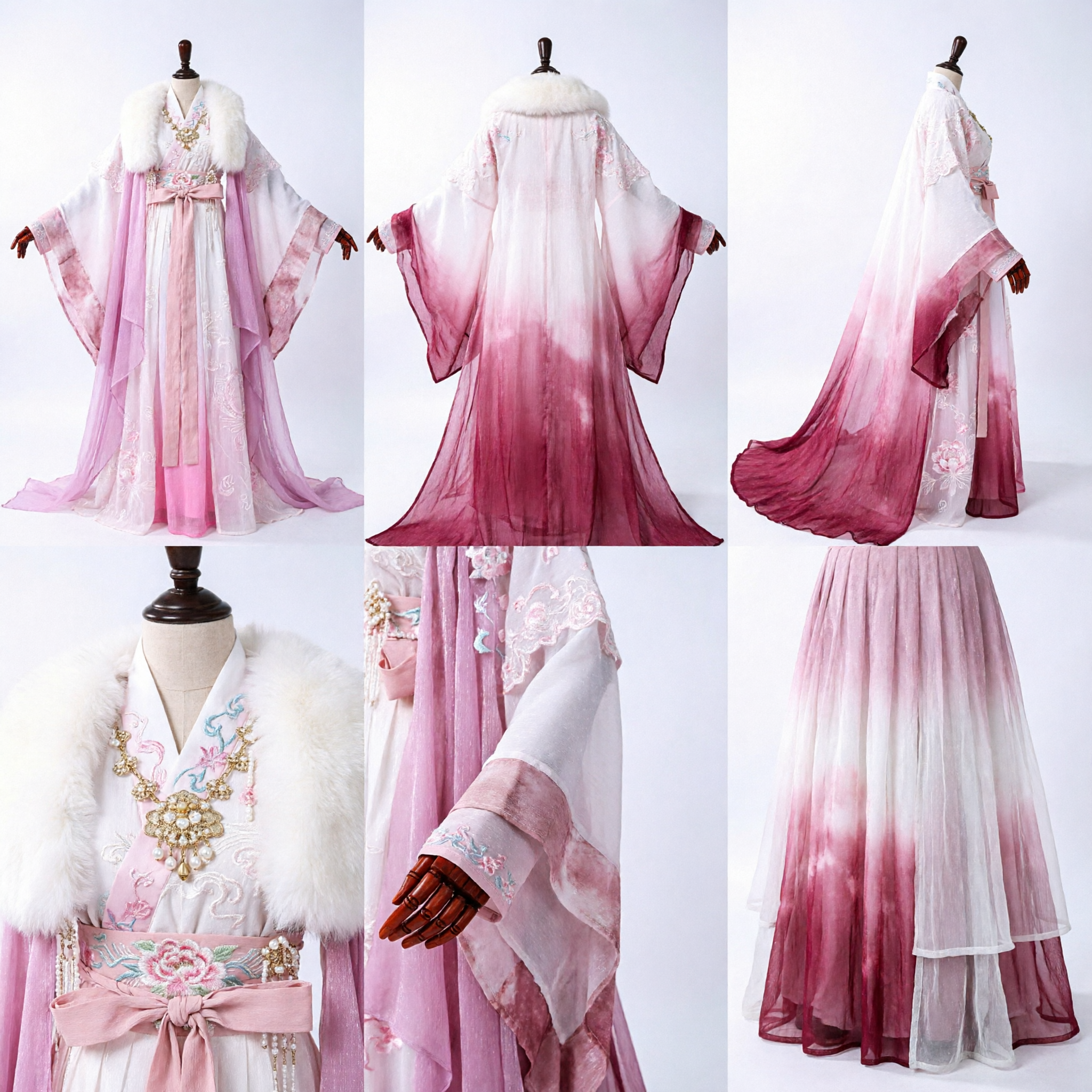 Elegant Pink Ancient Chinese Princess Hanfu Dress with White Fur Collar for Women Cosplay Performance - Asian Costume