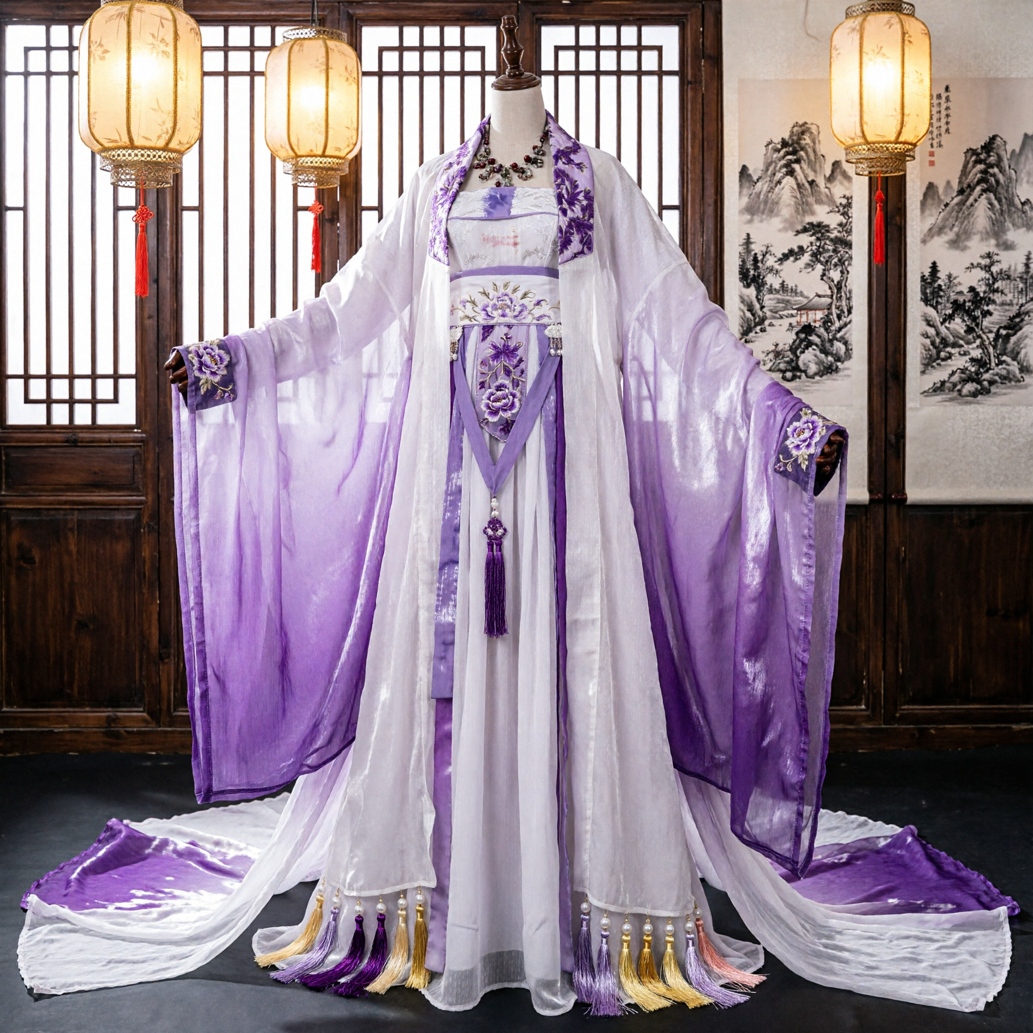 Elegant Purple and White Chinese Hanfu Ancient Fairy Costume Embroidered Traditional Dress for Women Cosplay - Asian Costume