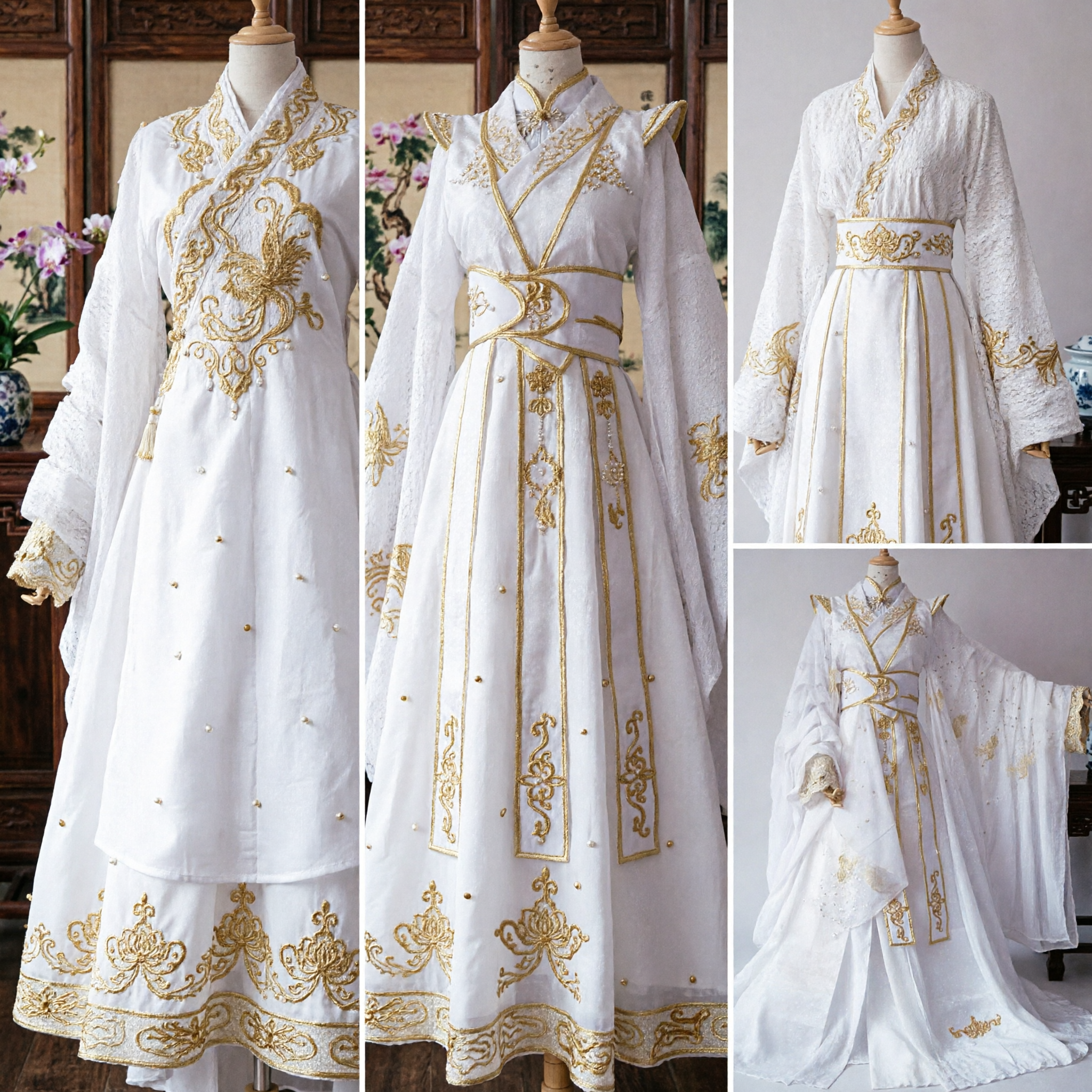 White Gold Embroidery Chinese Hanfu Traditional Costume Wide Sleeve Ancient Fairy Dress for Women Cosplay - Asian Costume