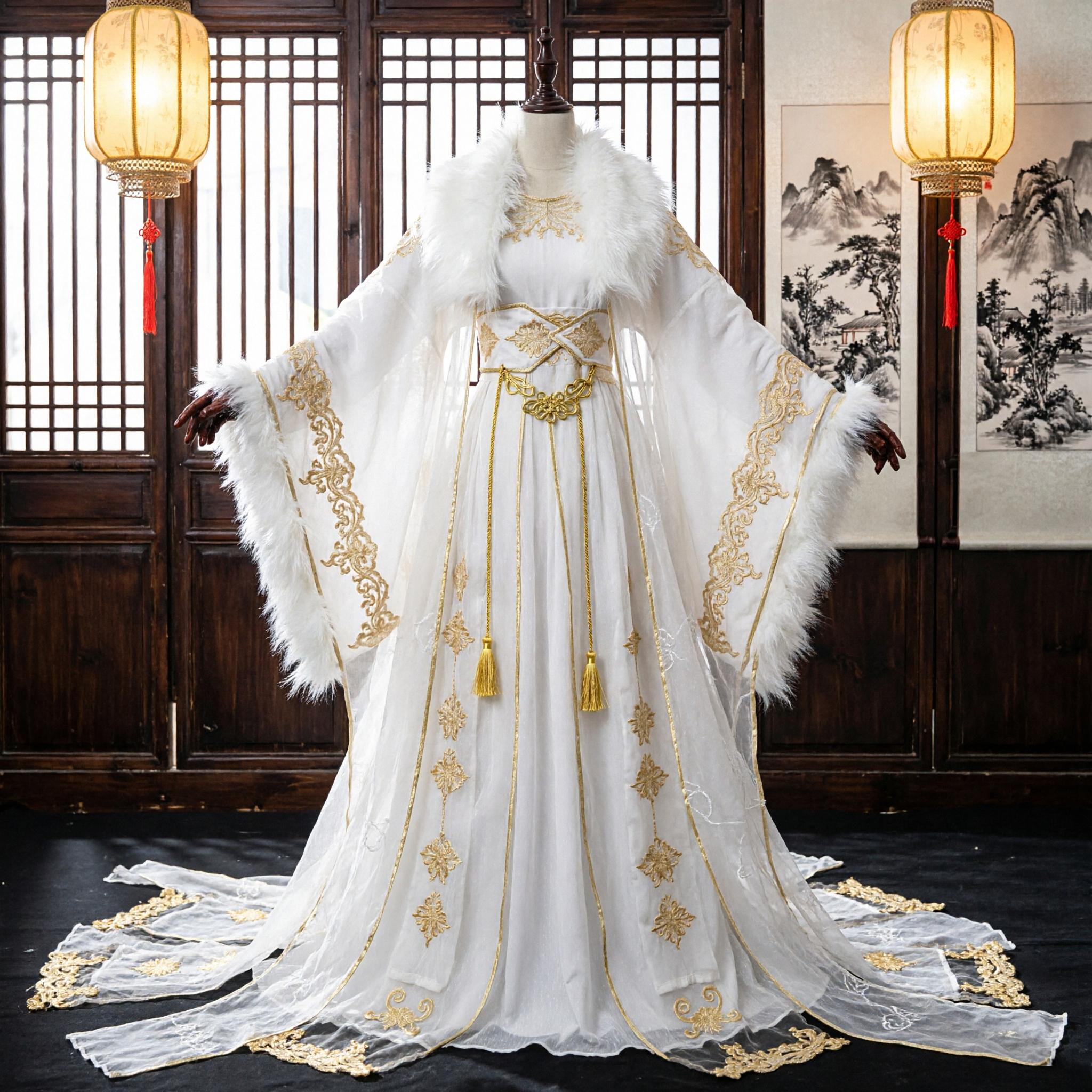 Ancient Chinese Hanfu White Fur Cloak Costume Traditional Fairy Dress for Women Cosplay Performance - Asian Costume