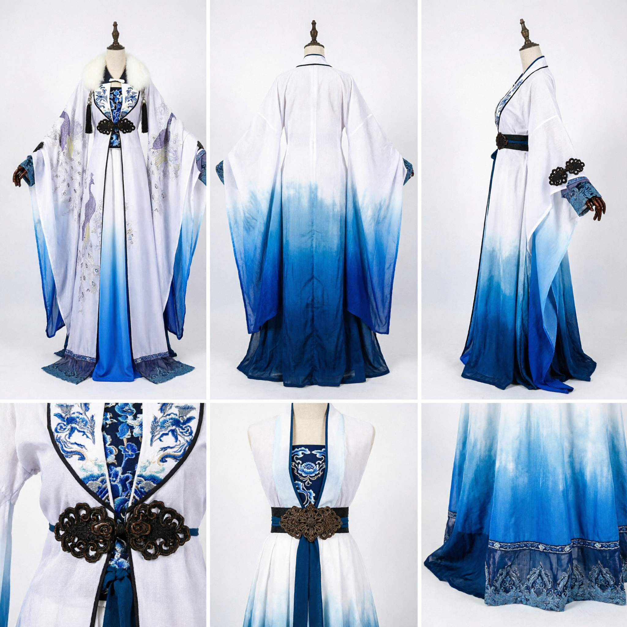 Ancient Chinese Hanfu Traditional Costume Blue Gradient Crane Embroidery Wide Sleeve Robe for Men Cosplay Performance - Asian Costume