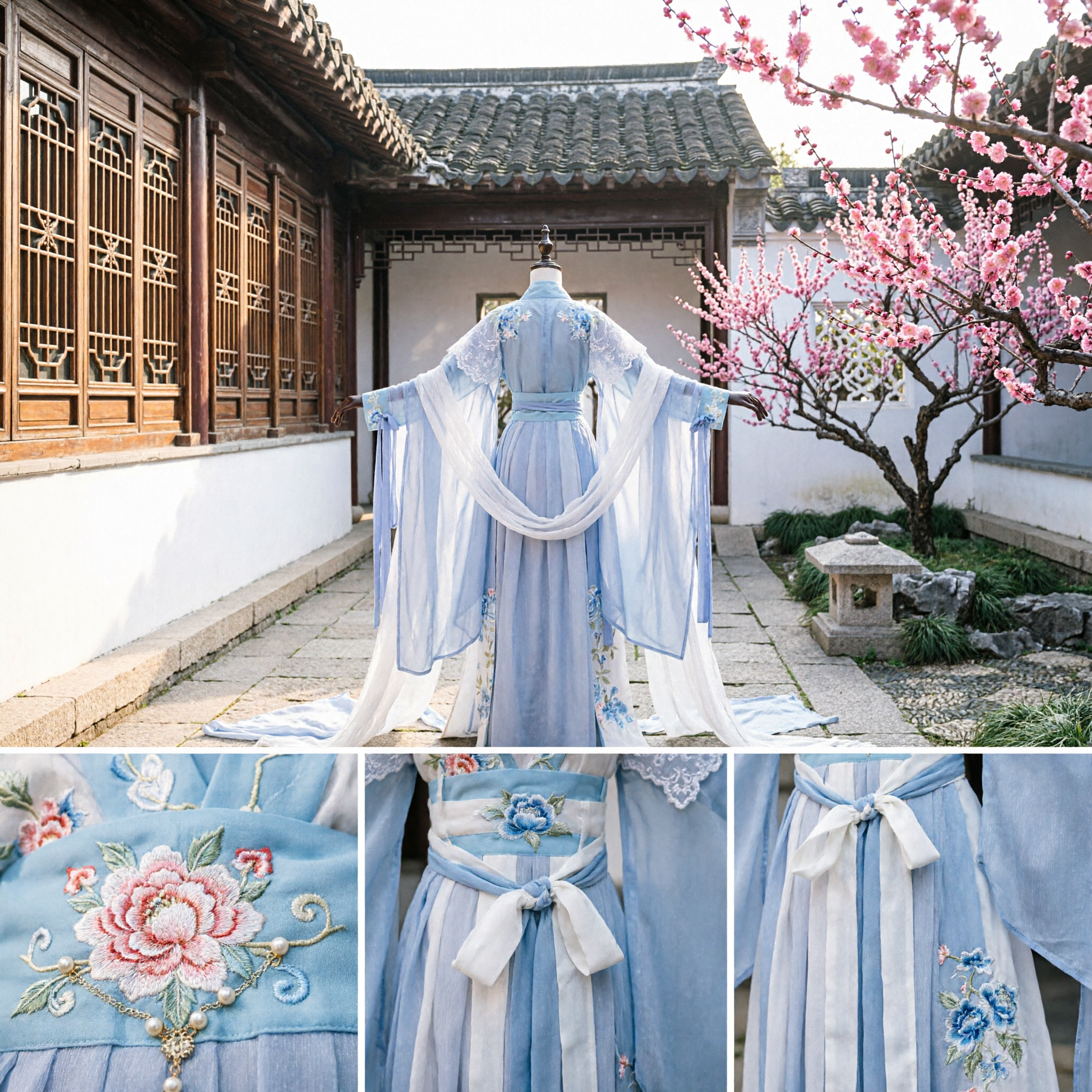Elegant Blue Chinese Hanfu Ancient Costume Women Tang Dynasty Fairy Dress Embroidered Long Sleeve Gown - Asian Costume