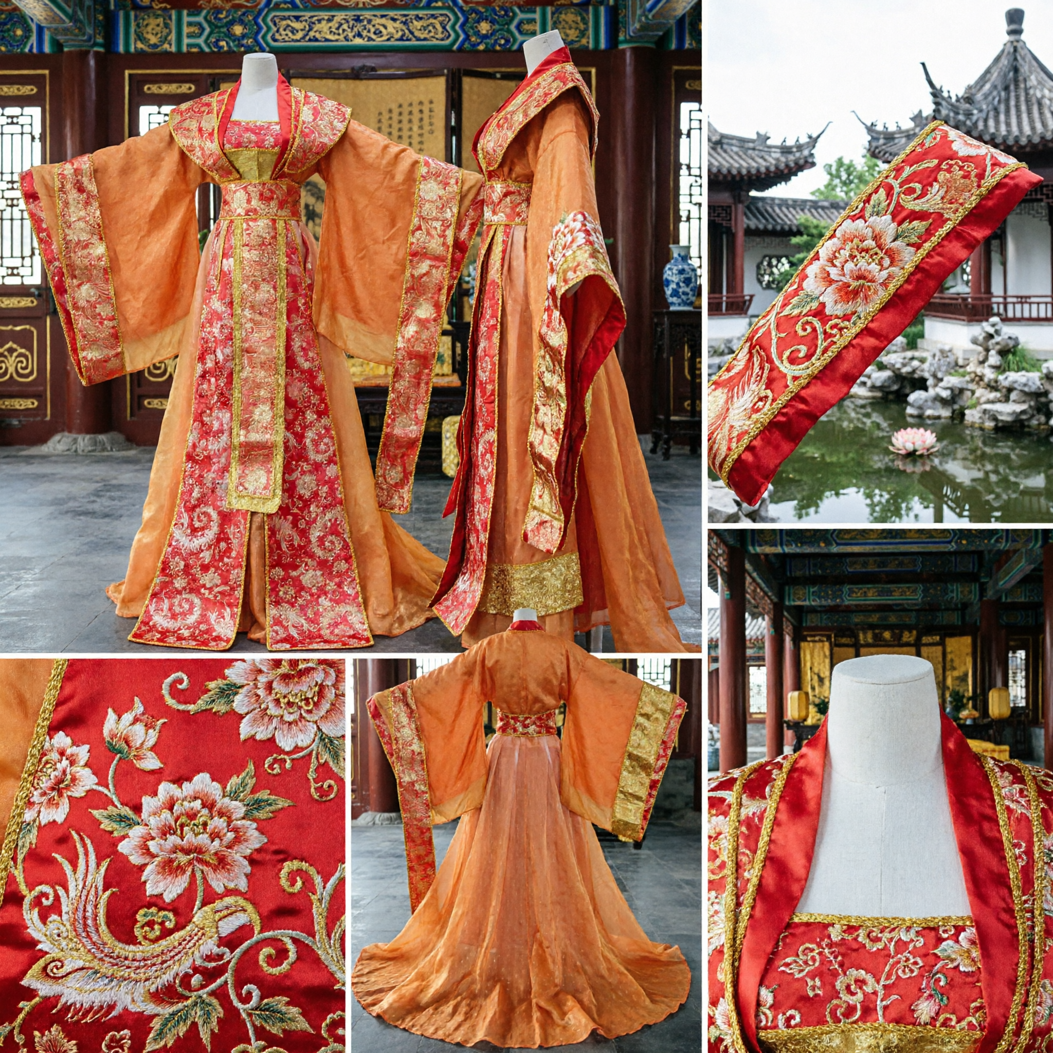 Traditional Chinese Tang Dynasty Palace Princess Costume Orange Red Silk Hanfu Dress for Women Stage Performance - Asian Costume