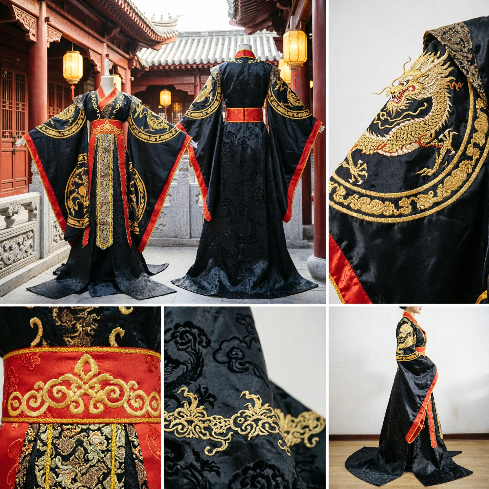 Men's Ancient Chinese Emperor Costume Black Gold Dragon Embroidery Hanfu Robe for Stage Performance Cosplay - Asian Costume