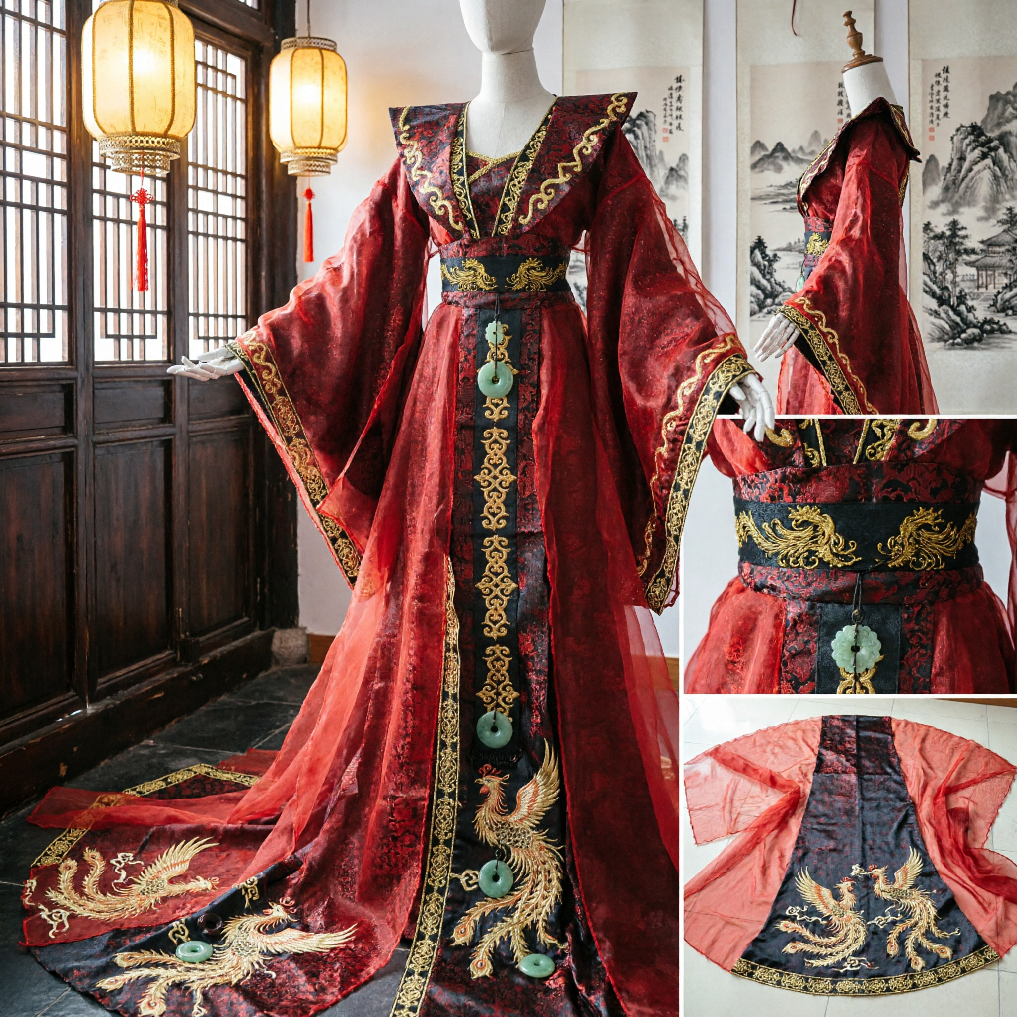 Deluxe Traditional Chinese Red Hanfu Costume Ancient Palace Empress Robe for Women Wedding and Cosplay - Asian Costume