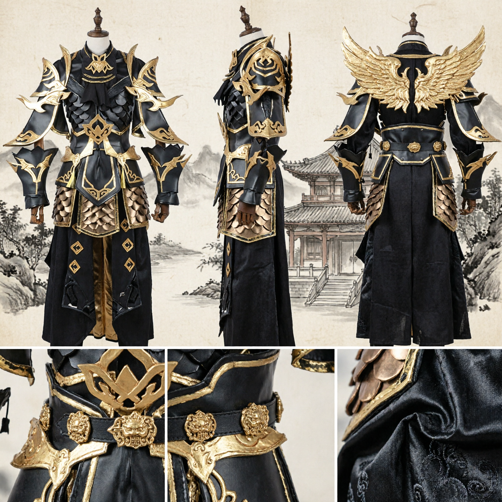 Men's Black and Gold Fantasy Knight Armor Cosplay Costume for Stage Performance and LARP Events - Asian Costume