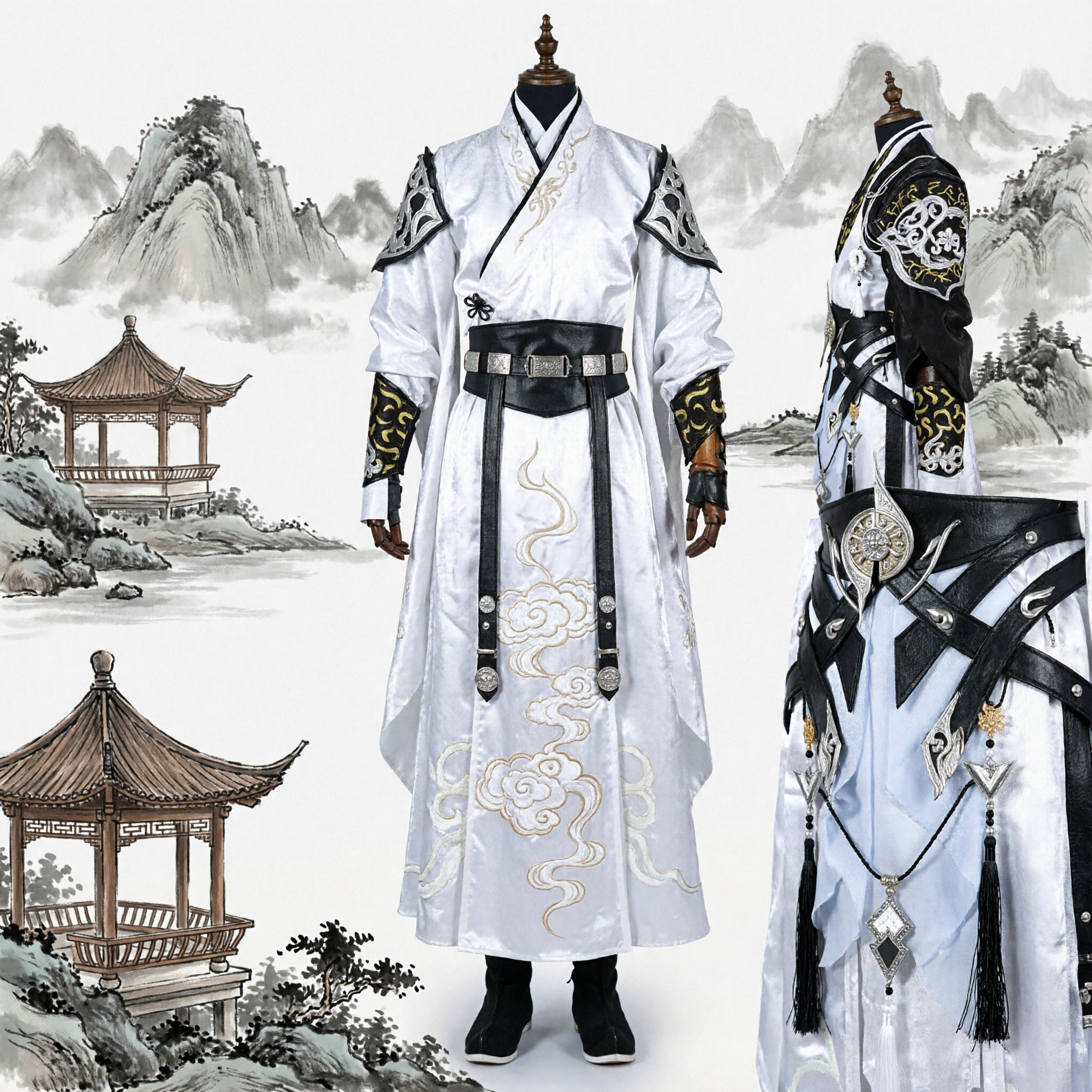 Men's Traditional Chinese Wuxia Cosplay Costume Ancient Swordsman White Robe Fantasy Knight Stage Outfit - Asian Costume