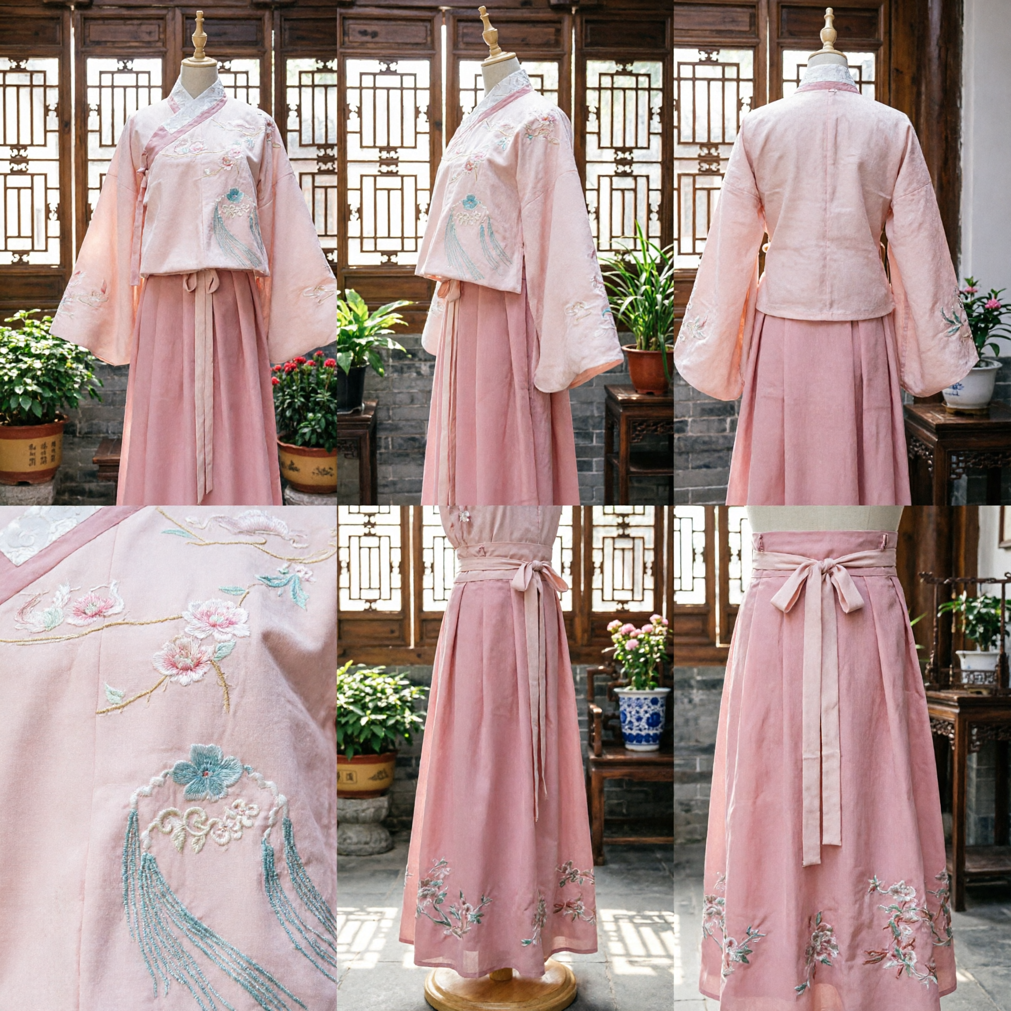 Pink Traditional Chinese Hanfu Embroidered Crane Top and Long Skirt Set for Women Ancient Costume - Asian Costume