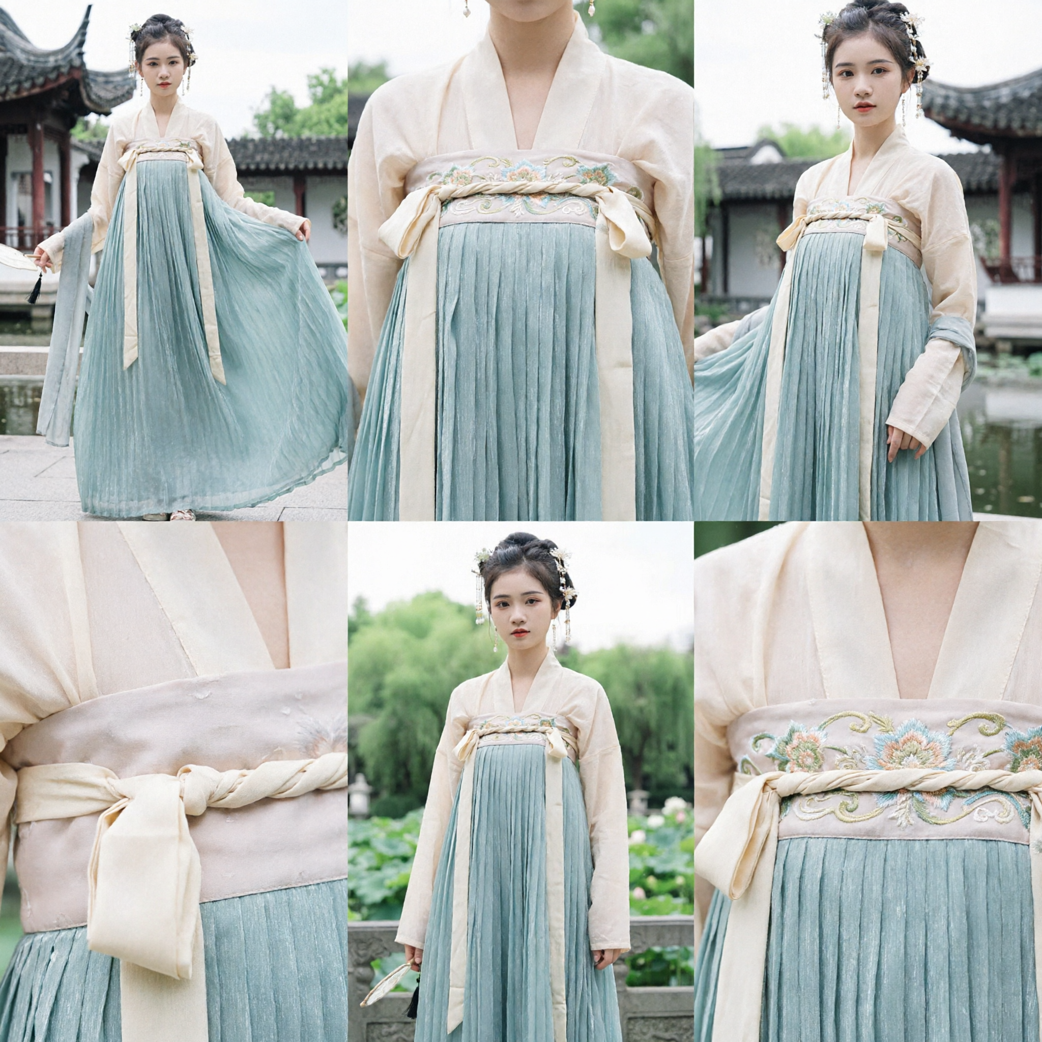 Traditional Chinese Hanfu Costume Tang Dynasty Style Cream Blouse Blue Pleated Skirt for Women Cosplay Performance - Asian Costume