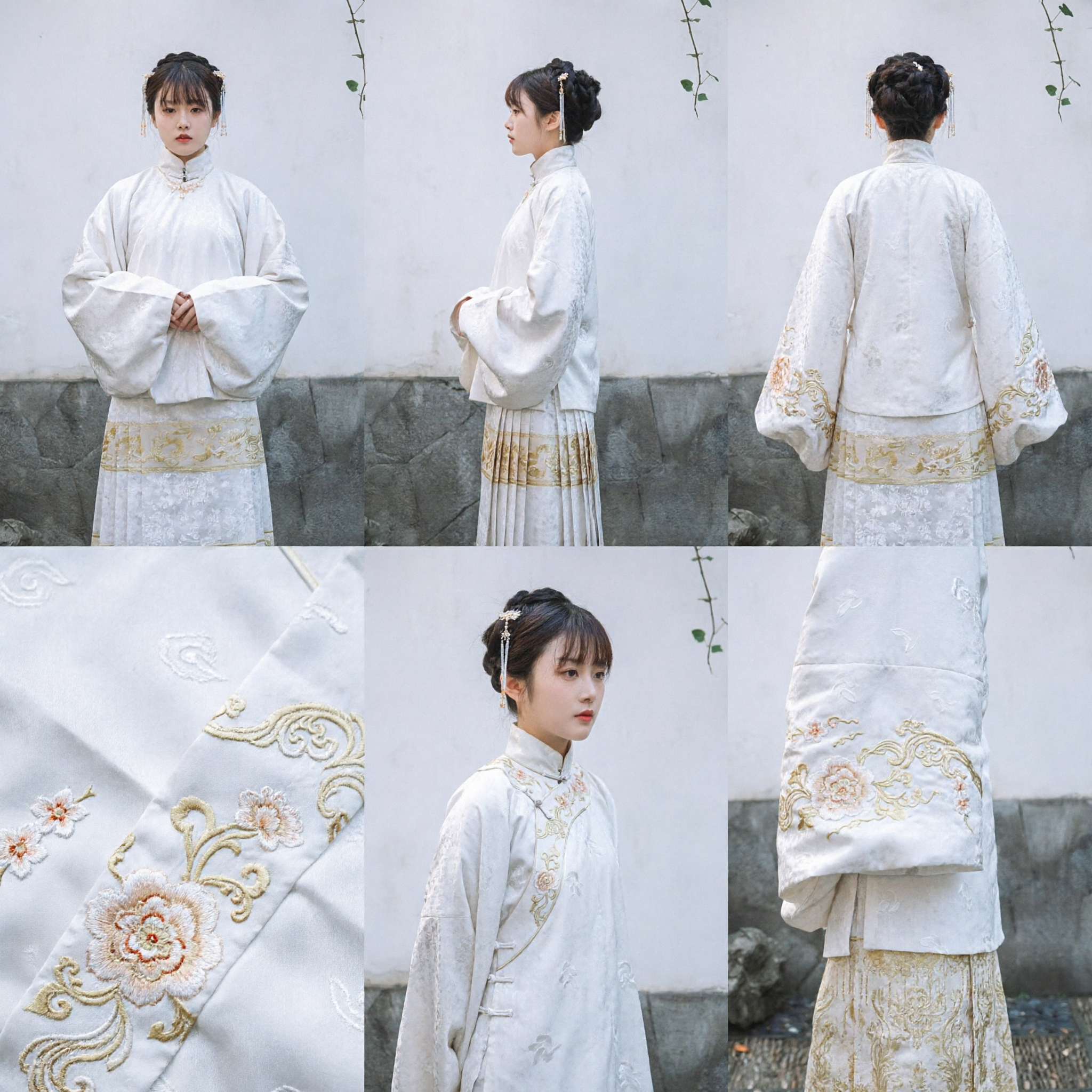 Traditional Chinese Hanfu Ming Dynasty Standing Collar Blouse and Gold Pleated Skirt Set for Women Elegant Winter Costume - Asian Costume