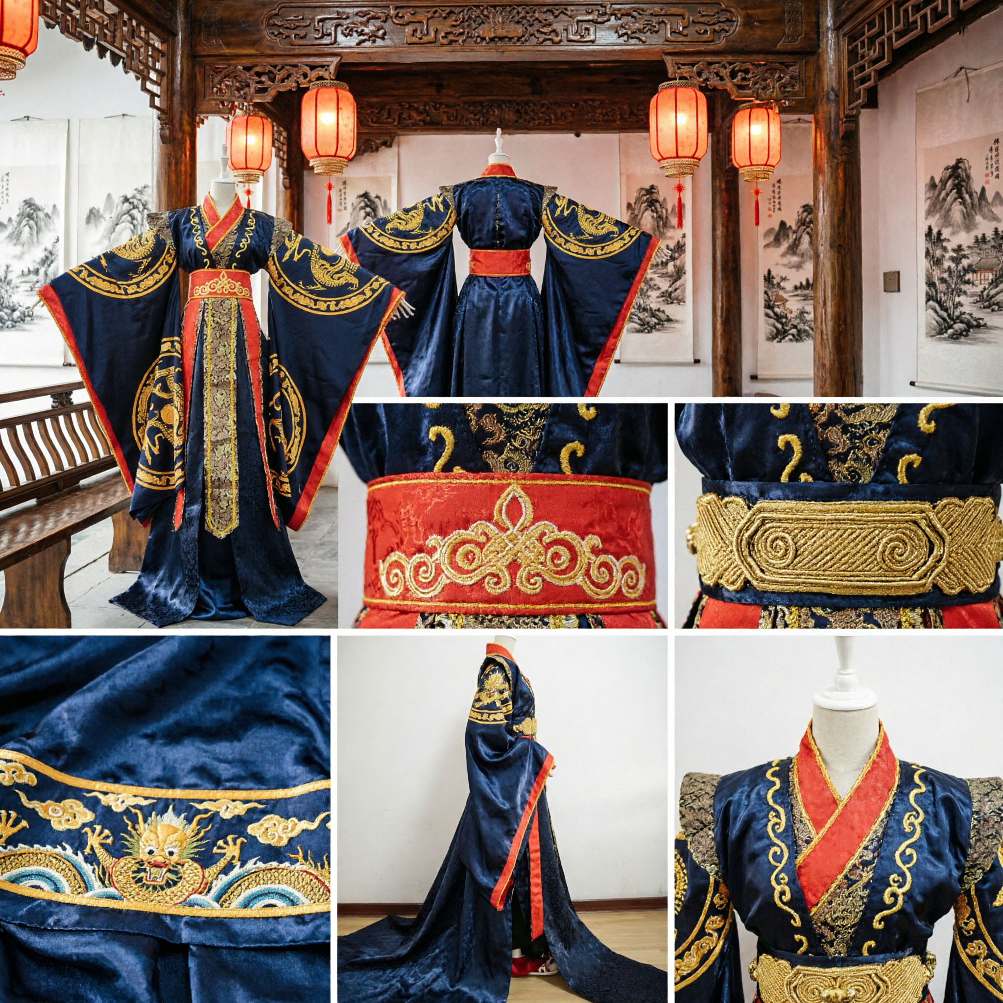Men's Traditional Chinese Ancient Emperor Robe Black Hanfu with Gold Dragon Embroidery for Cosplay and Stage Performance - Asian Costume