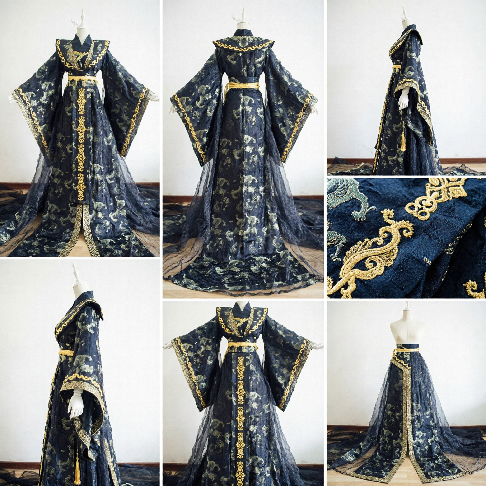 Traditional Chinese Hanfu Black Gold Dragon Embroidered Robe Ancient Empress Formal Costume for Wedding Cosplay - Asian Costume