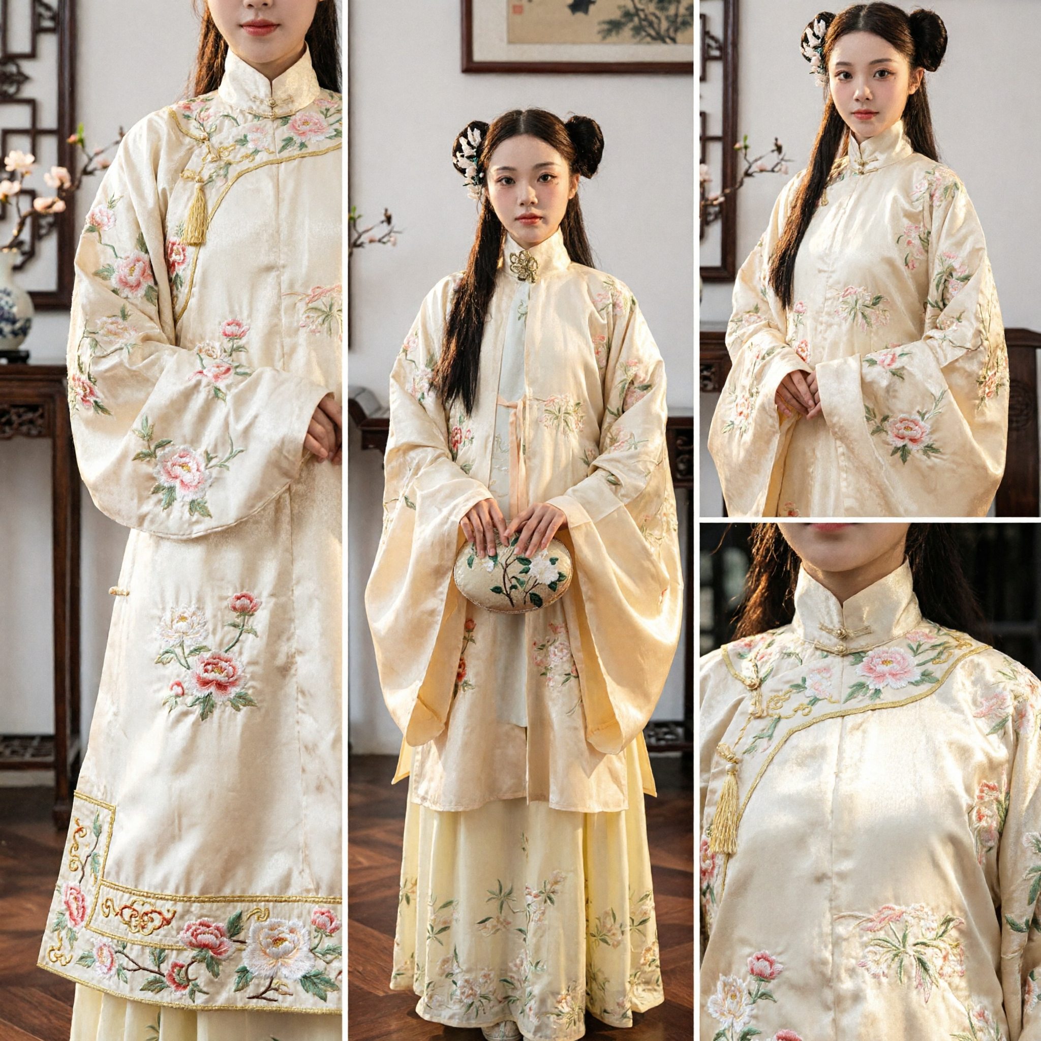 Traditional Chinese Hanfu Costume for Women Ming Dynasty Cream Embroidered Standing Collar Top and Skirt Ancient Dress - Asian Costume
