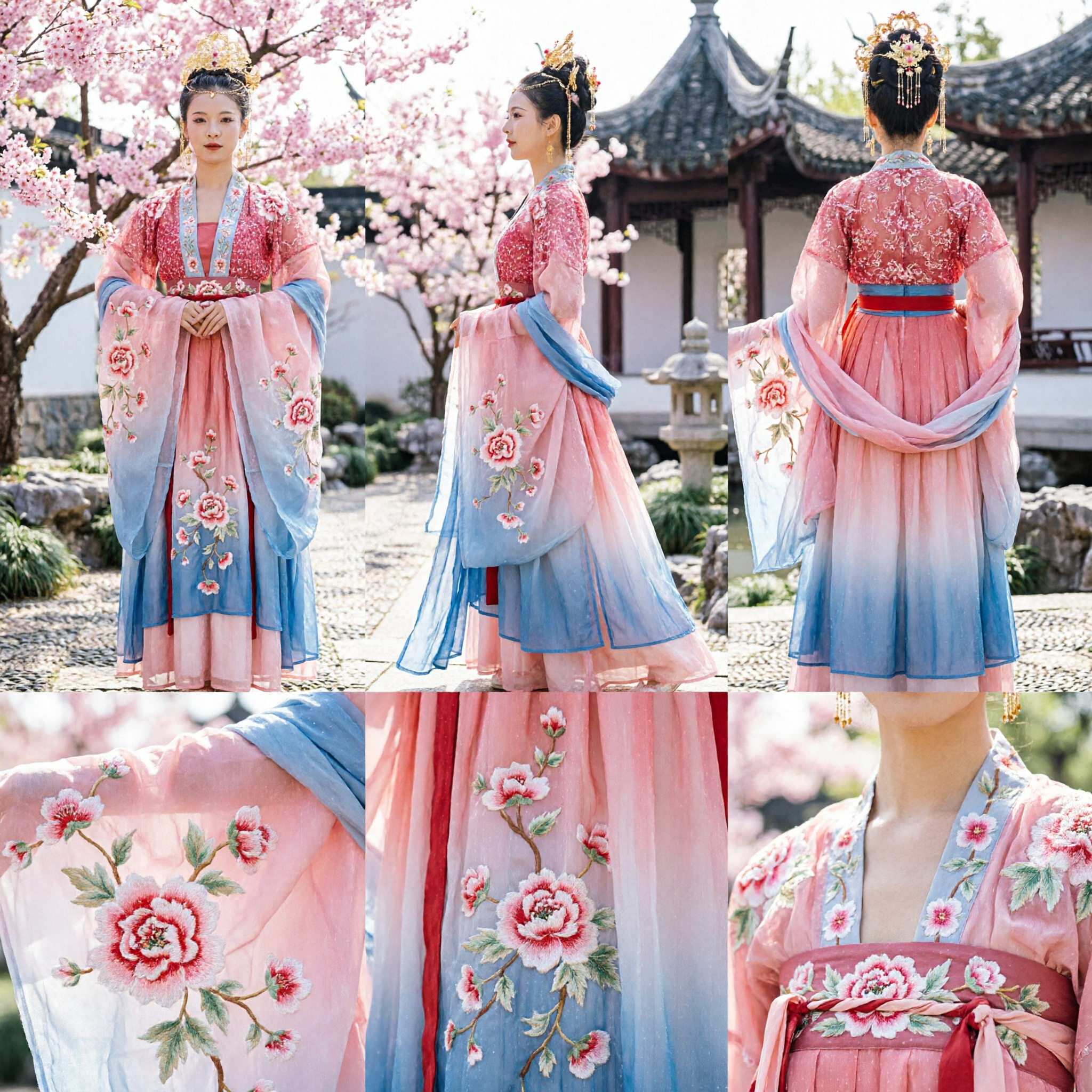 Traditional Chinese Tang Dynasty Hanfu Pink Floral Fairy Dress with Long Silk Ribbons for Dance Performance - Asian Costume