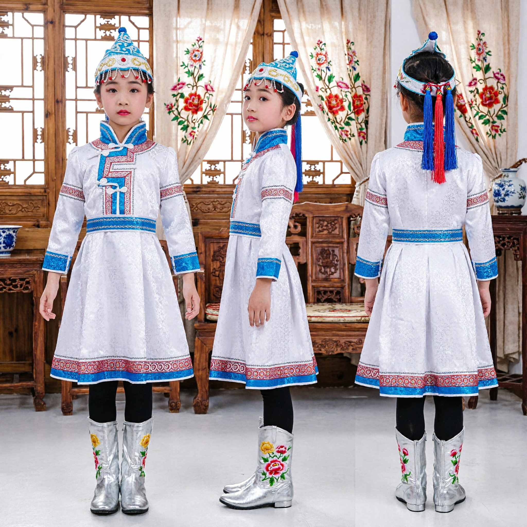Kids Traditional Mongolian Dance Costume Girls White Folk Performance Dress with Blue Embroidery and Hat - Asian Costume