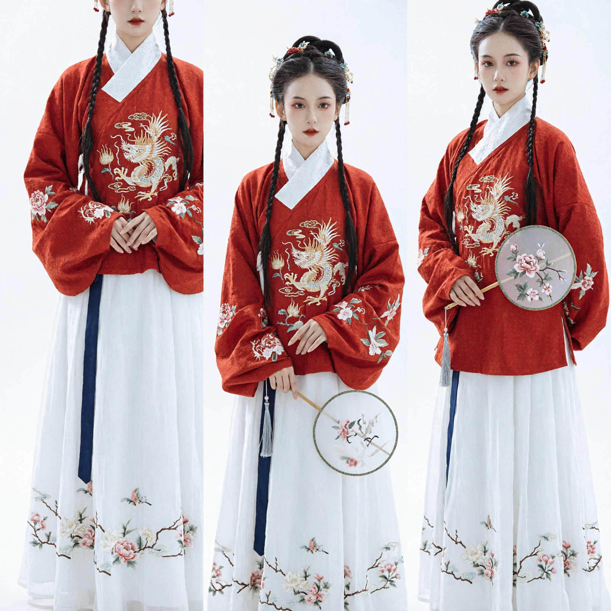 Traditional Chinese Hanfu Red Embroidered Jacket and White Skirt Set Ancient Ming Dynasty Costume for Women Photography - Asian Costume