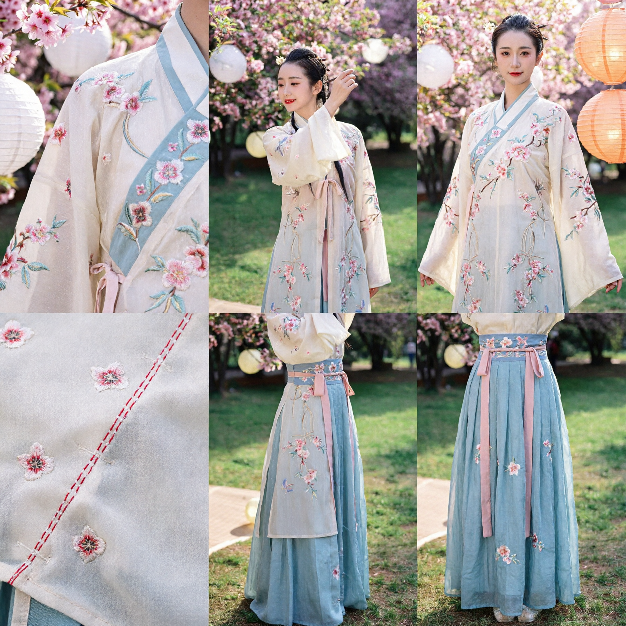 Traditional Chinese Hanfu Clothing for Women Ancient Floral Embroidered Blouse and Pleated Skirt Set for Spring Photography - Asian Costume