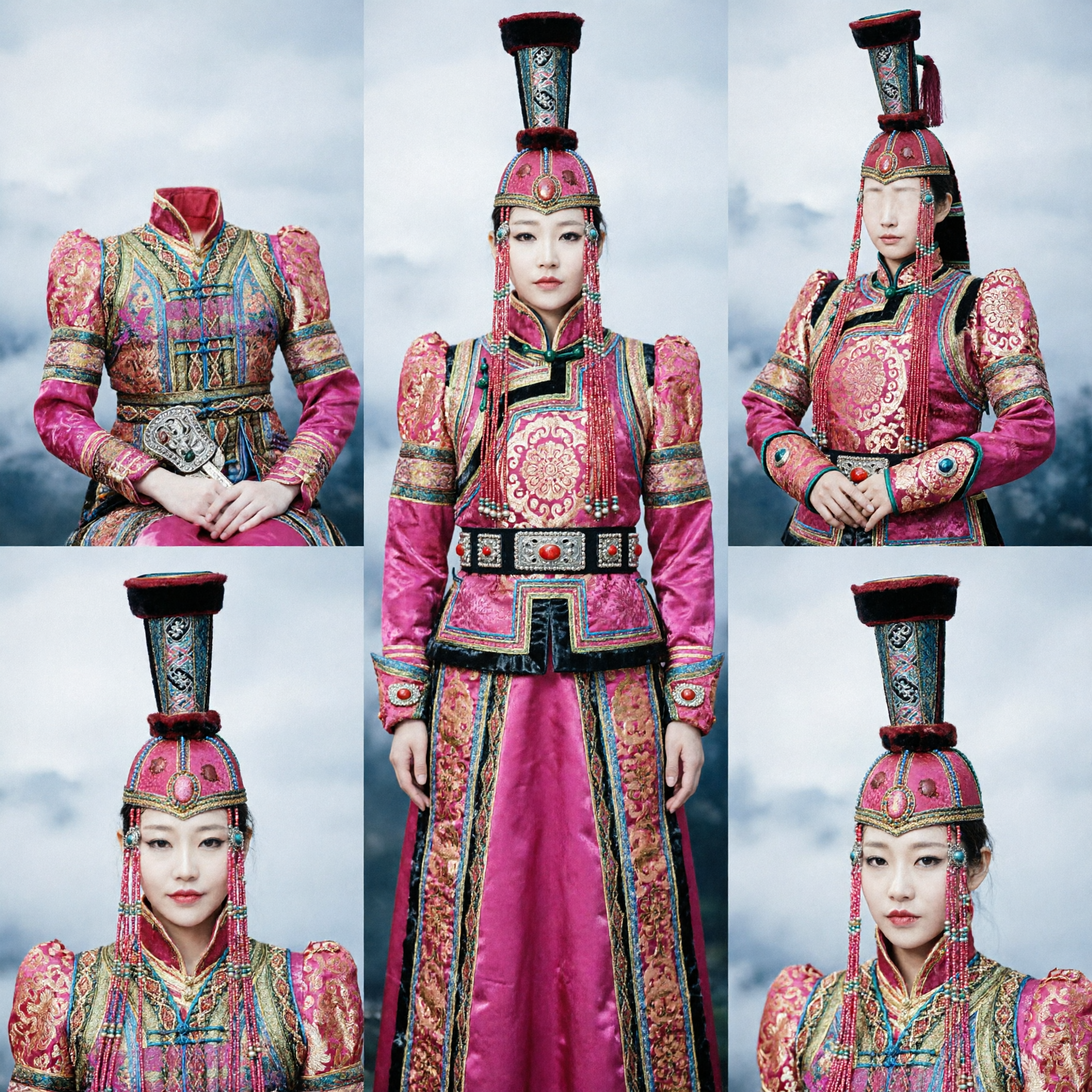 Traditional Mongolian Wedding Dress for Women Ethnic Minority Stage Performance Costume Pink Robe with Tall Hat - Asian Costume