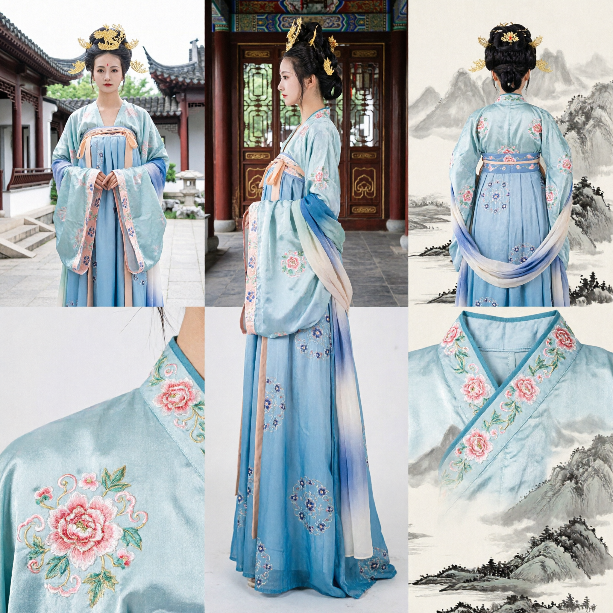 Elegant Blue Gradient Tang Dynasty Hanfu Ruqun Traditional Chinese Ancient Costume for Women Cosplay Performance - Asian Costume