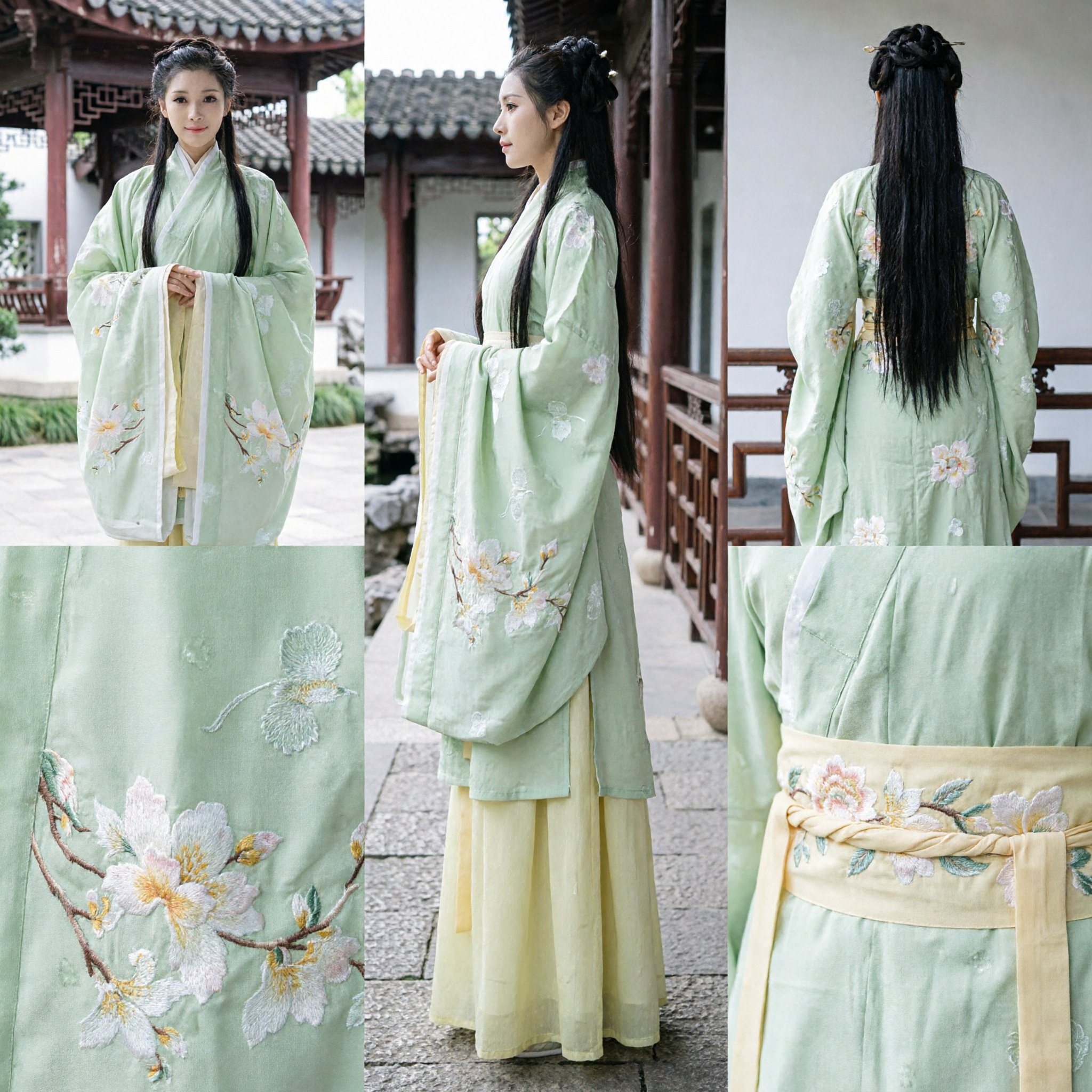Traditional Chinese Hanfu Costume Women Ancient Princess Green Embroidered Wide Sleeve Robe and Skirt Set - Asian Costume