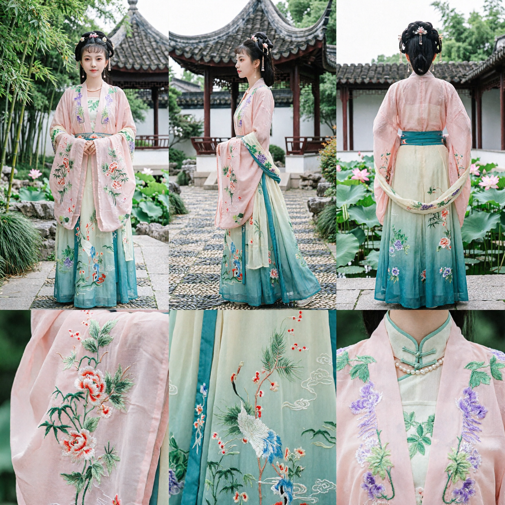 Elegant Pink and Green Chinese Hanfu Traditional Ancient Costume for Women with Floral Embroidery - Asian Costume
