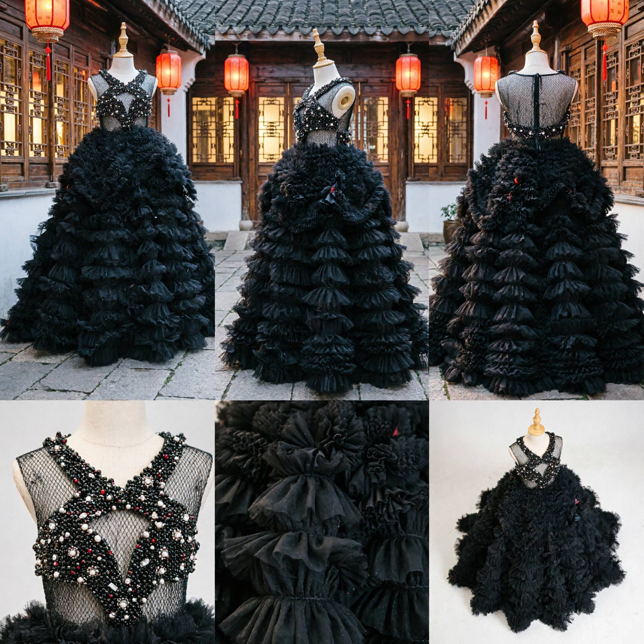 Elegant Black Sequined Flower Girl Dress with Tiered Ruffled Tulle Skirt for Kids Pageant Gown - Asian Costume
