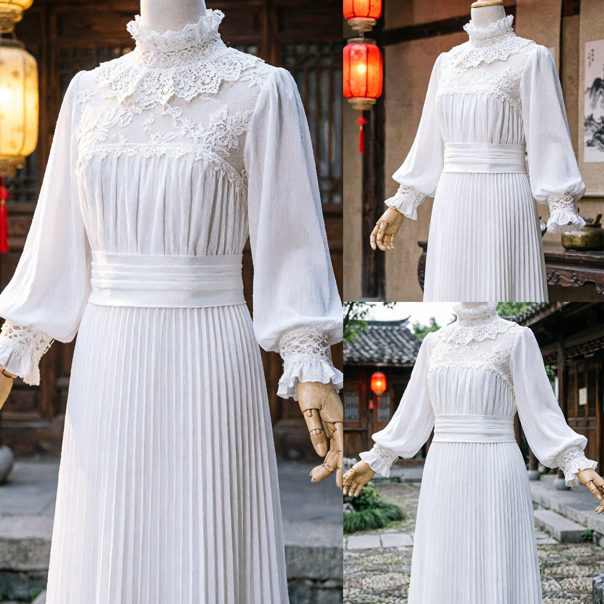 Elegant White Ancient Chinese Costume Women Traditional Dress High Neck Lace Cuff Pleated Skirt Stage Performance Outfit - Asian Costume