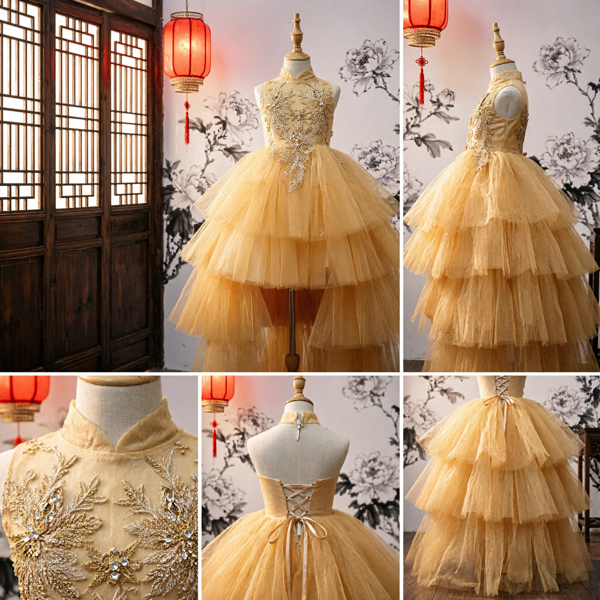 Elegant Gold Embroidered Tulle Flower Girl Dress High Neck Tiered Pageant Wedding Gown for Kids - Asian Costume