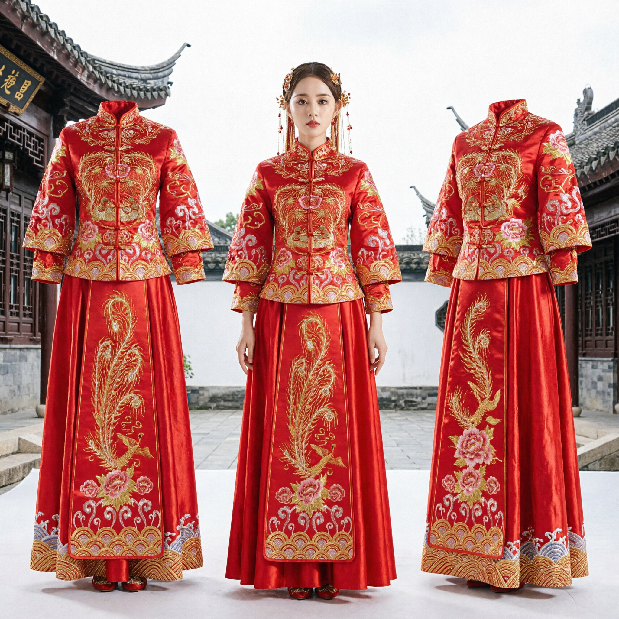 Traditional Chinese Wedding Dress Red Xiuhe Suit Phoenix Embroidery Top and Skirt Set for Bride - Asian Costume