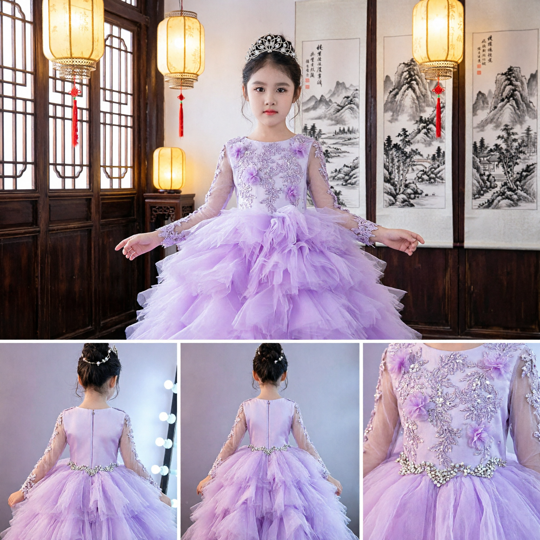 Kids Girls Purple Sequin Flower Girl Dress Princess Ball Gown for Wedding Pageant Party Performance - Asian Costume