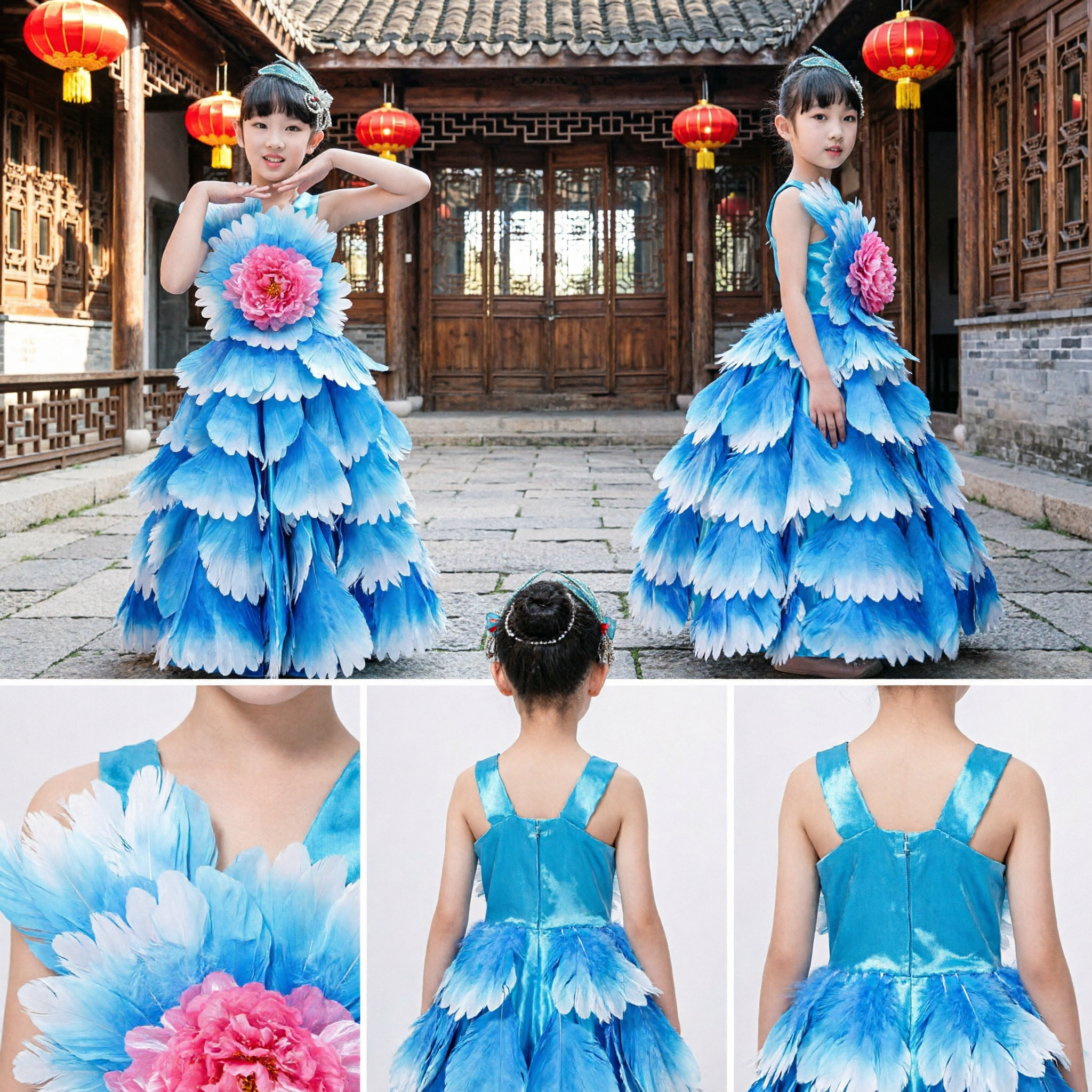 Children Girls Blue Peony Flower Dance Costume Traditional Chinese Folk Stage Performance Dress Outfit - Asian Costume