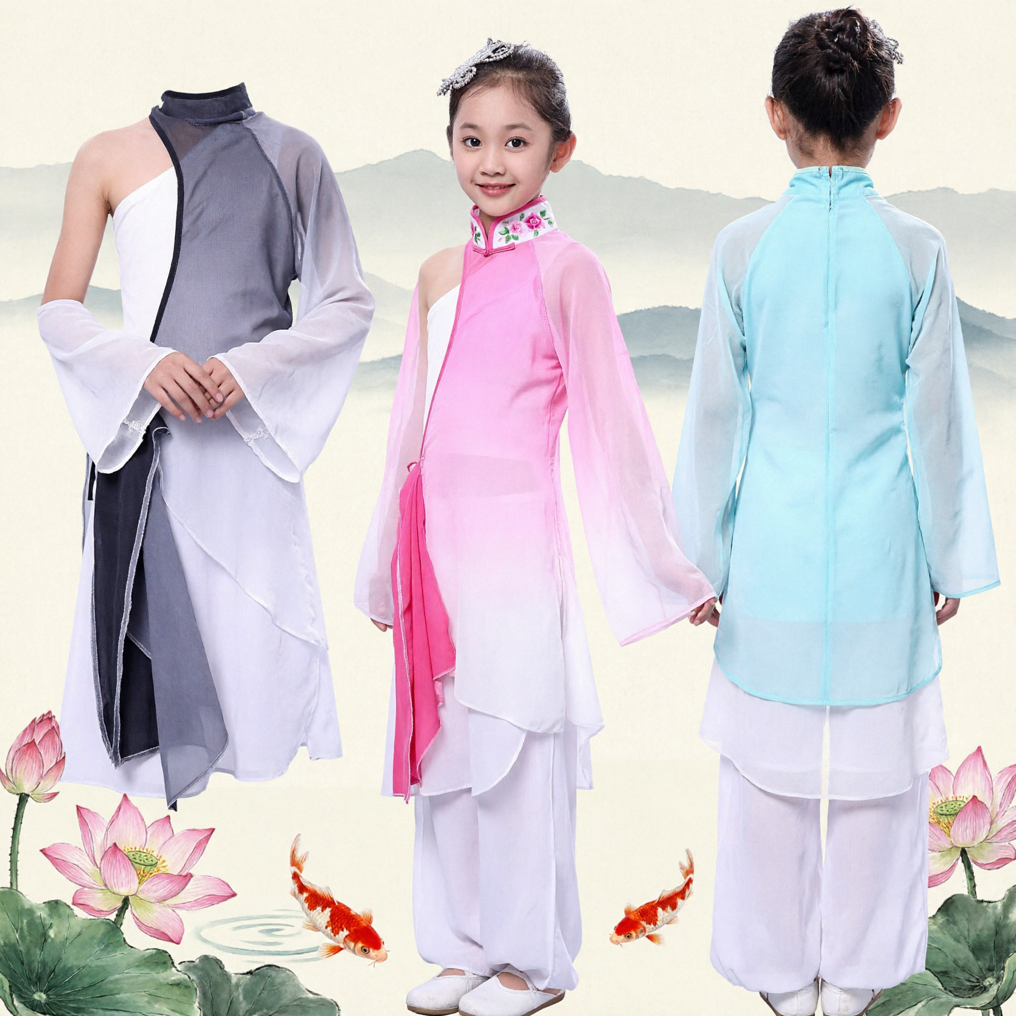 Kids Girls Traditional Chinese Dance Costume Classical Folk Fan Dance Performance Outfit Stage Wear Set - Asian Costume