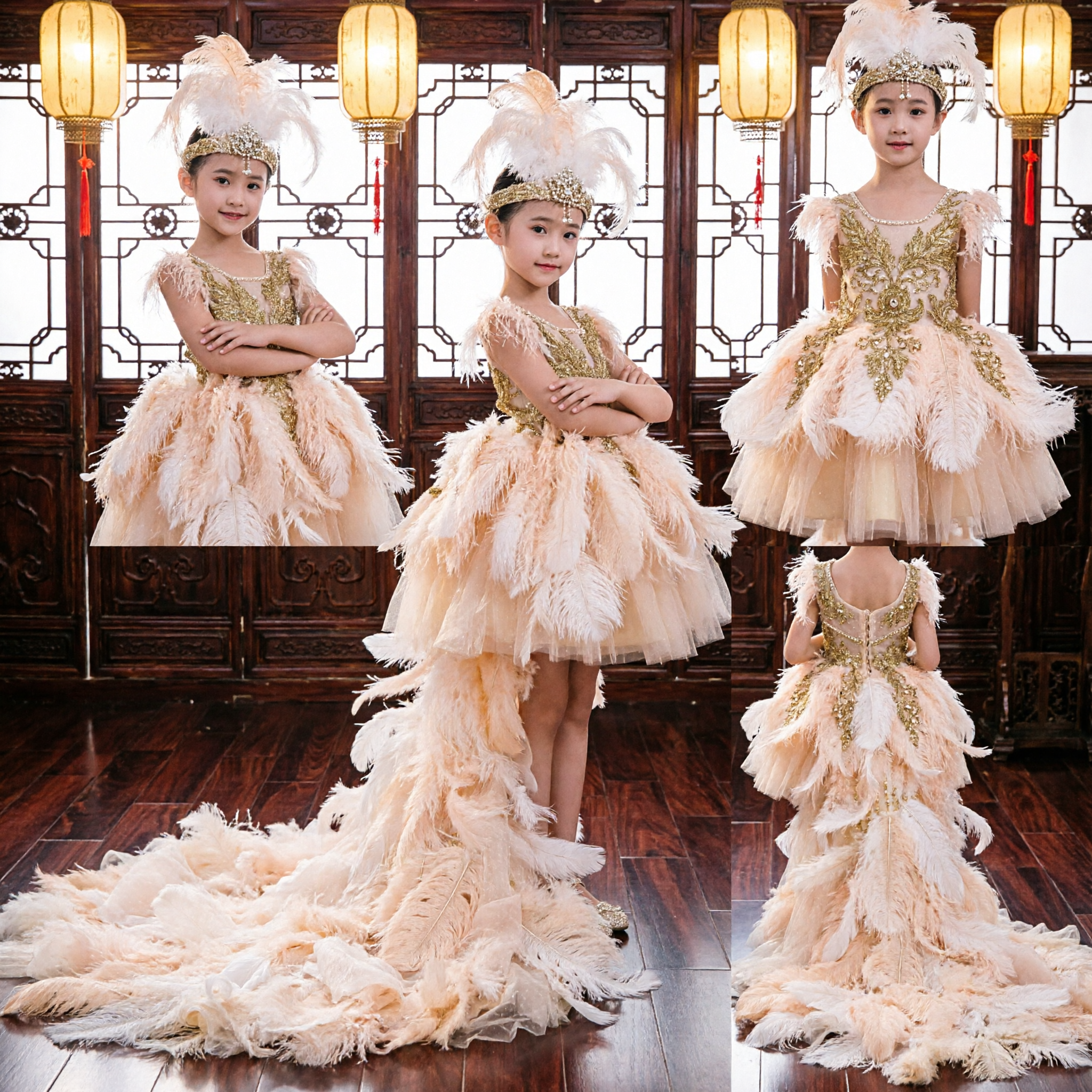 Kids Girls Gold Sequin Feather Dress Latin Dance Stage Performance Costume with Headpiece Long Train - Asian Costume