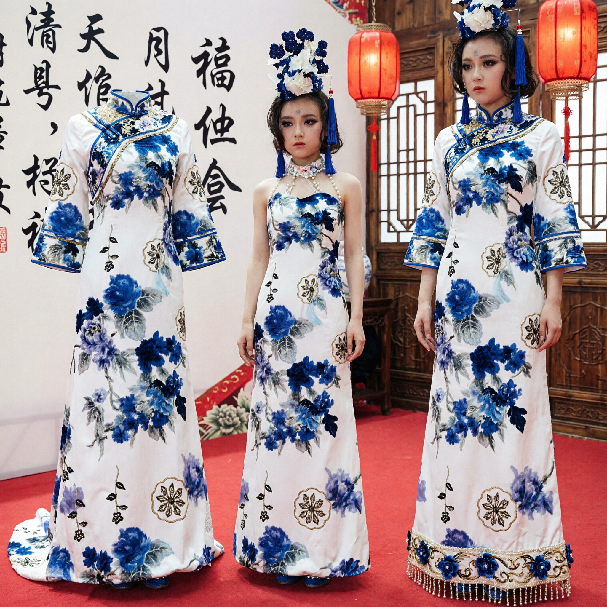 Elegant Blue and White Porcelain Print Cheongsam Evening Gown with Traditional Headdress for Cultural Pageants and Stage Shows - Asian Costume