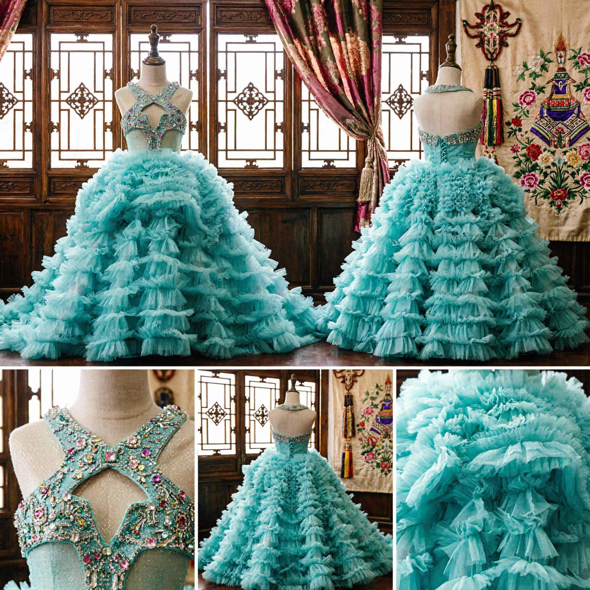 Luxurious Light Blue Tiered Ruffle Ball Gown with Beaded Bodice for Princess Pageant or Quinceañera - Asian Costume