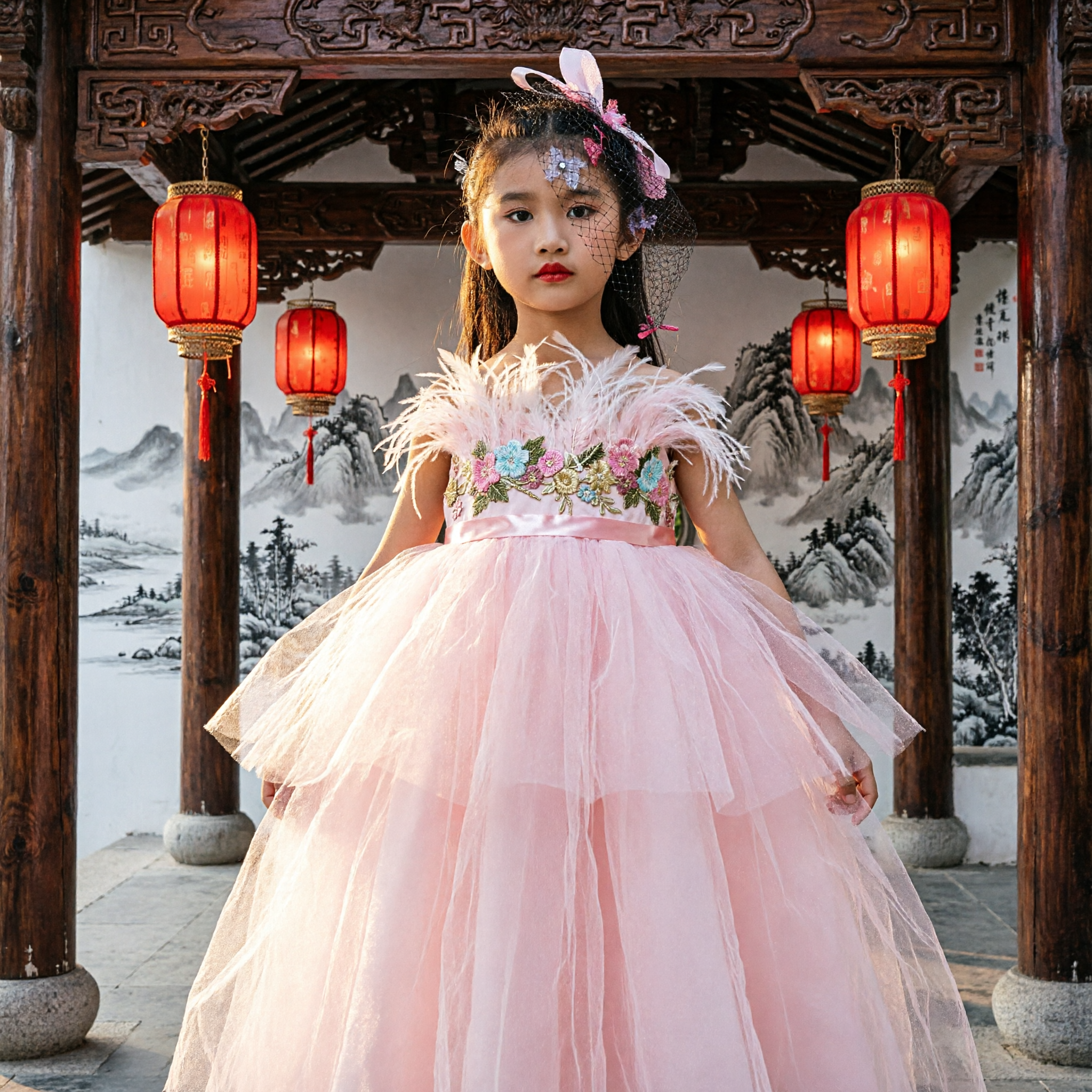 Girls Pink Tulle Ballerina Tutu Dress with Feather Bodice for Flower Girl Wedding Party Performance - Asian Costume