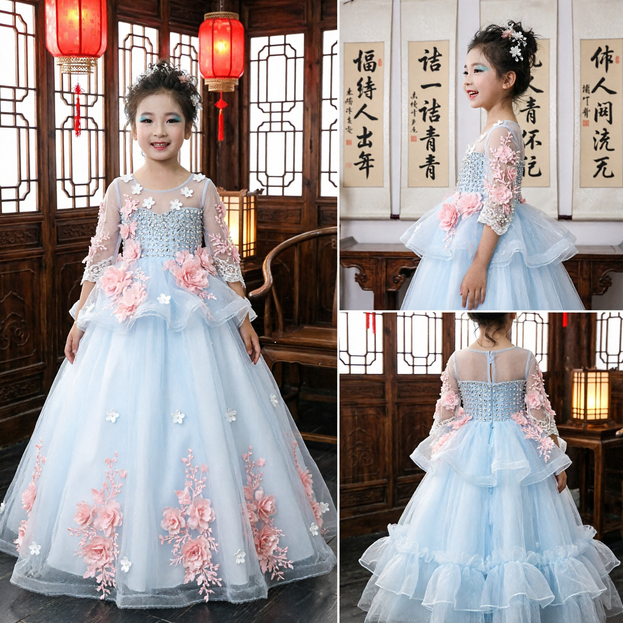 Kids Girls Blue Tulle Princess Dress with Pink 3D Flowers Formal Gown for Wedding Flower Girl Pageant - Asian Costume