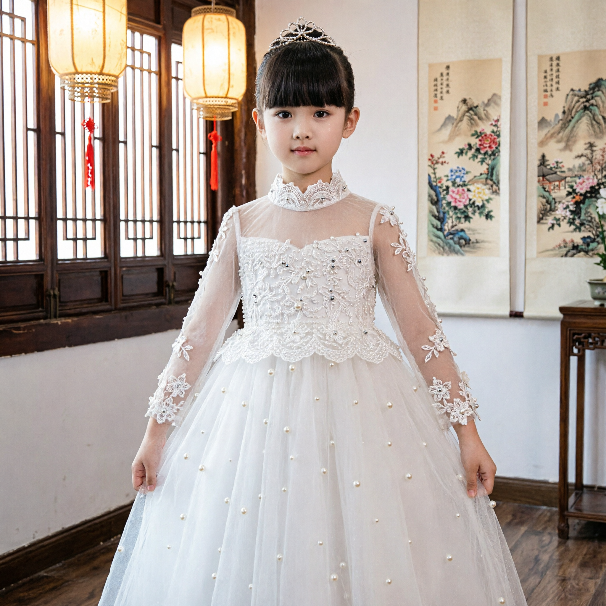 Elegant White Lace Flower Girl Dress Long Sleeve Kids Wedding Pageant Princess Ball Gown - Asian Costume