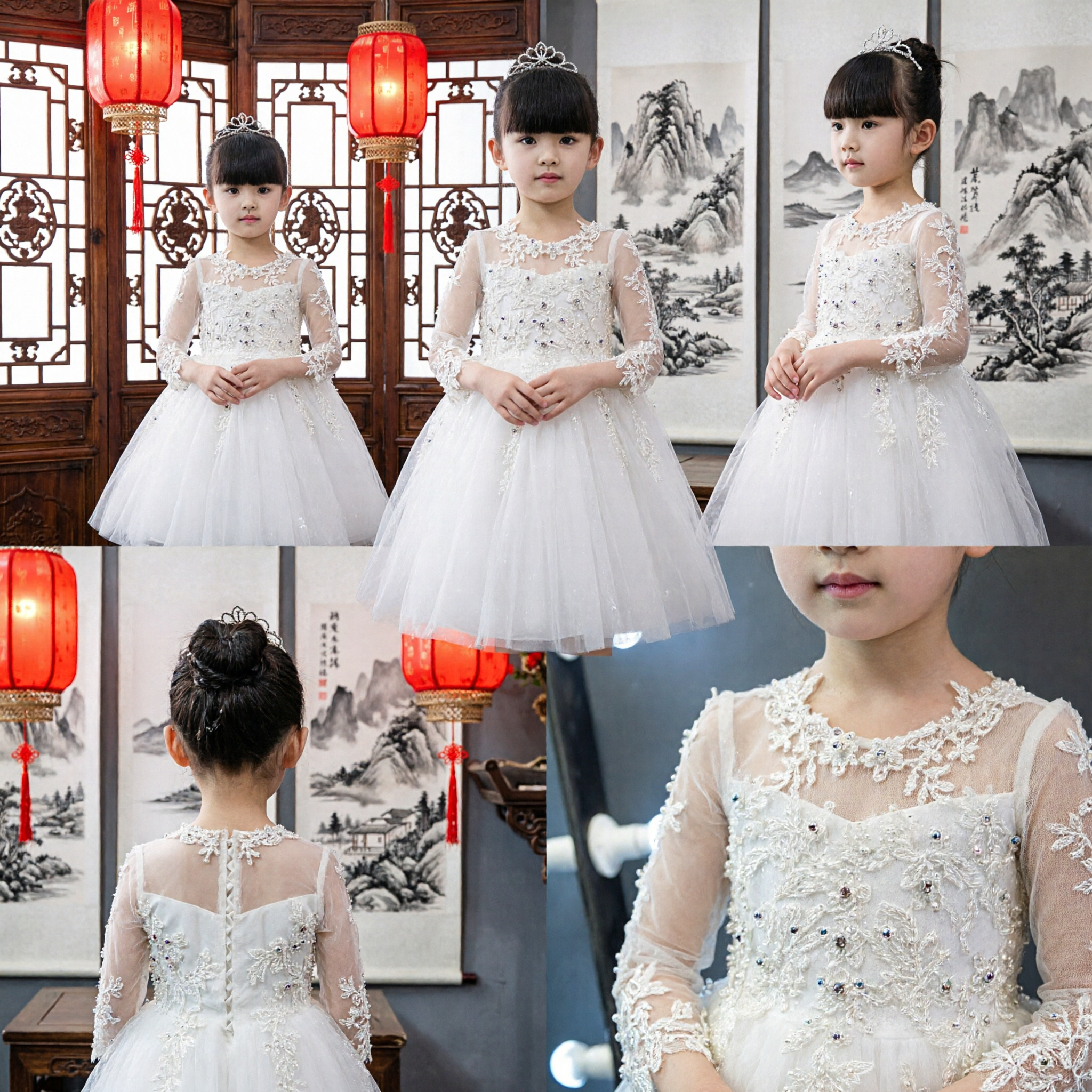 Elegant White Long Sleeve Lace Flower Girl Dress Kids Princess Tulle Gown for Wedding Party - Asian Costume