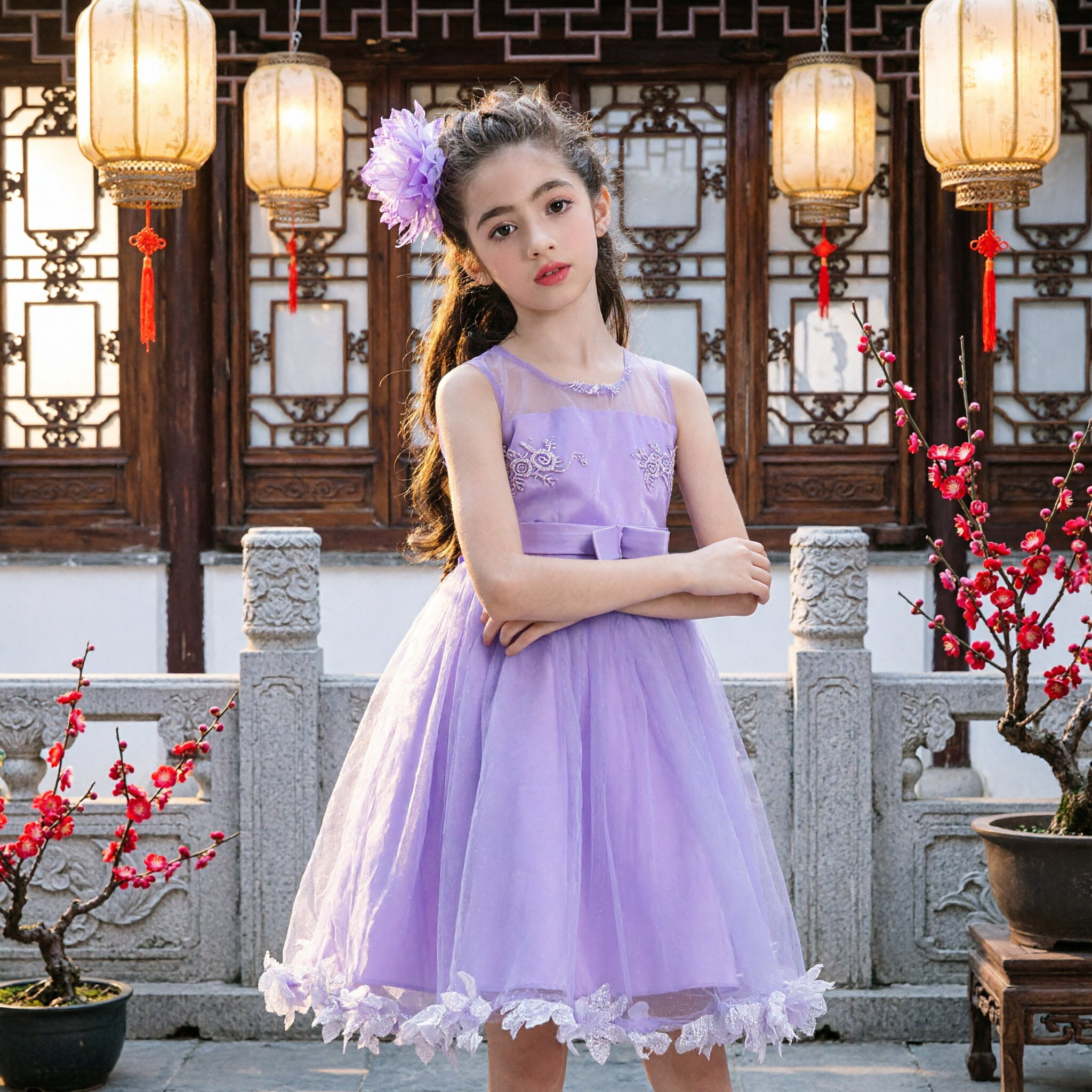 Girls Purple Flower Girl Dress Sleeveless Tulle Princess Gown for Wedding Party with Lace Hem and Bow - Asian Costume