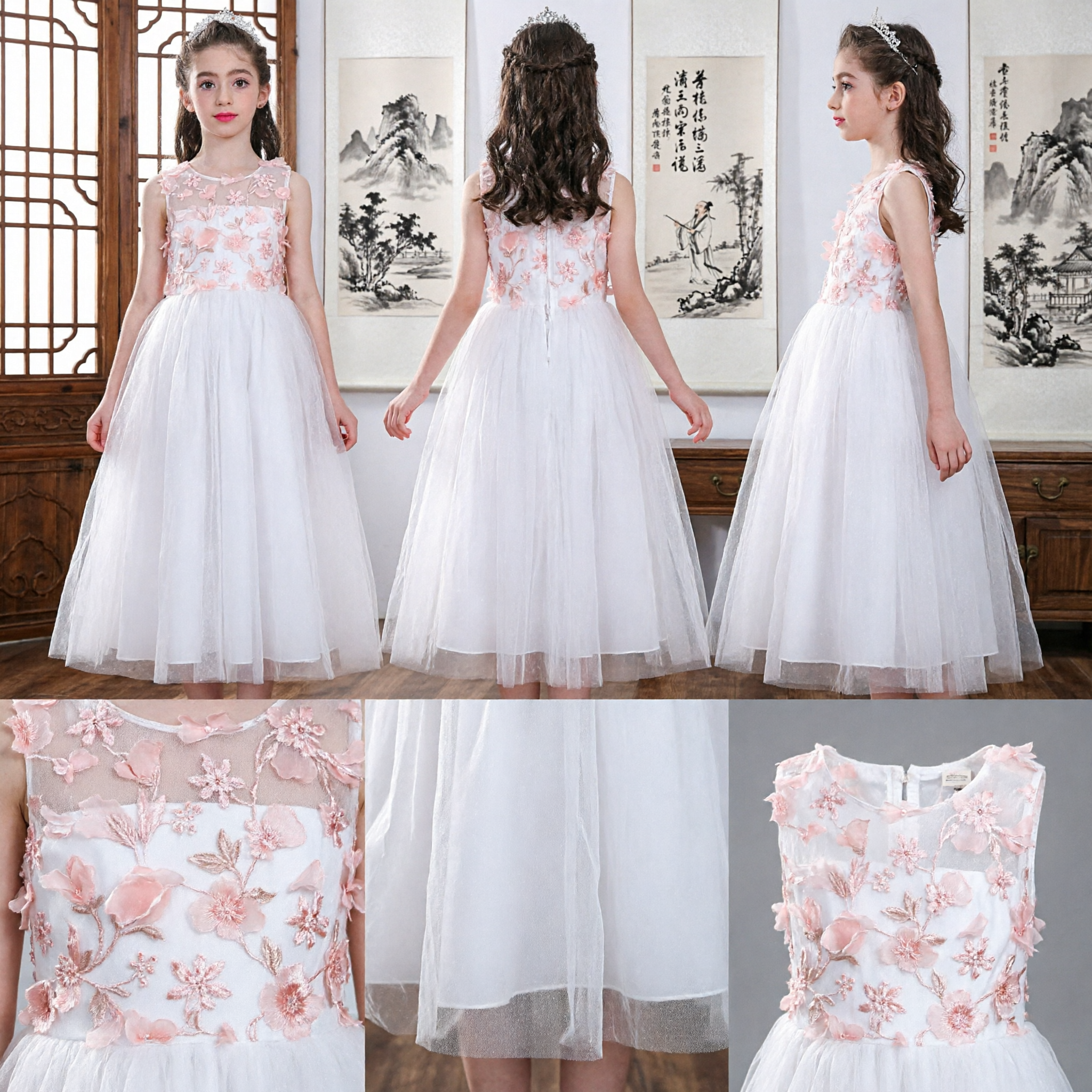 Elegant White Flower Girl Dress with Pink Floral Bodice and Long Tulle Skirt for Weddings - Asian Costume