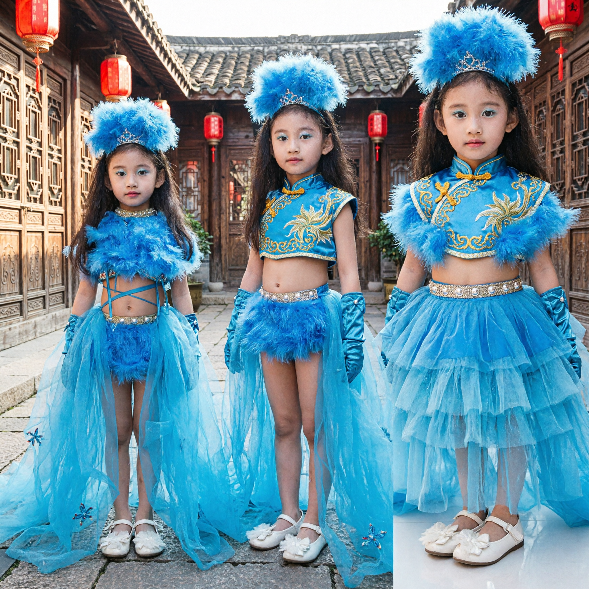 Blue Peacock Dance Costume for Girls Feather Stage Performance Dress Fairy Tale Princess Outfit - Asian Costume