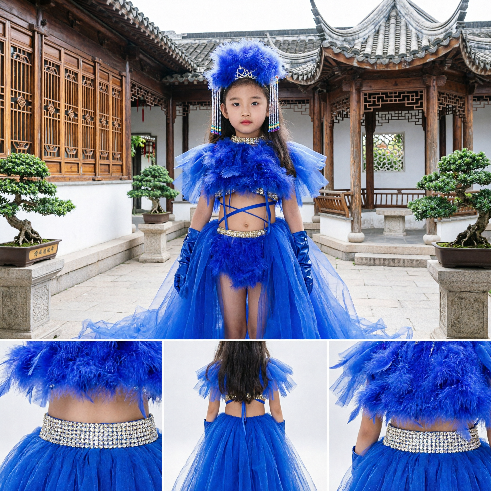Girls Royal Blue Feather Dance Costume Kids Stage Performance Dress with Long Tulle Train and Headpiece - Asian Costume