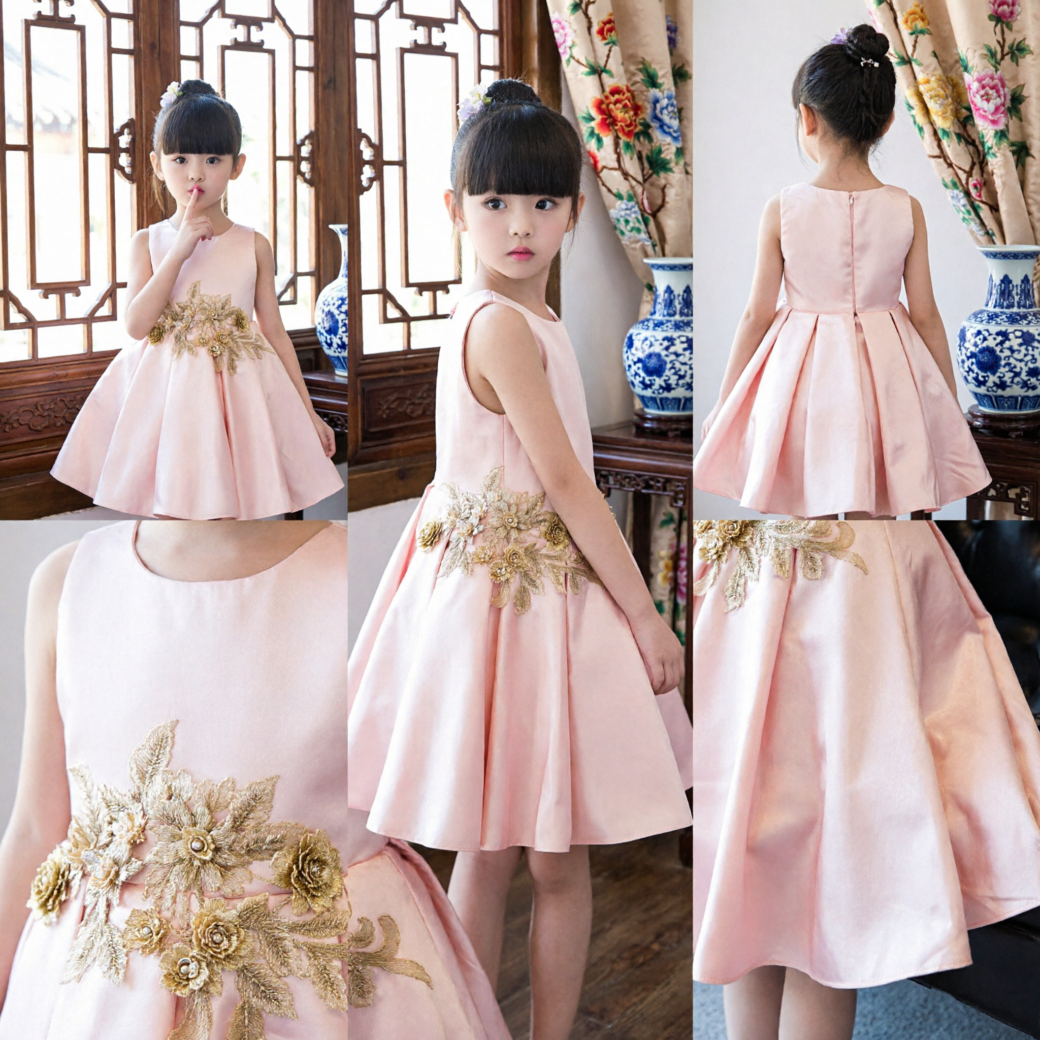 Elegant Pink Sleeveless A-Line Dress for Girls with Gold Floral Applique for Weddings and Parties - Asian Costume