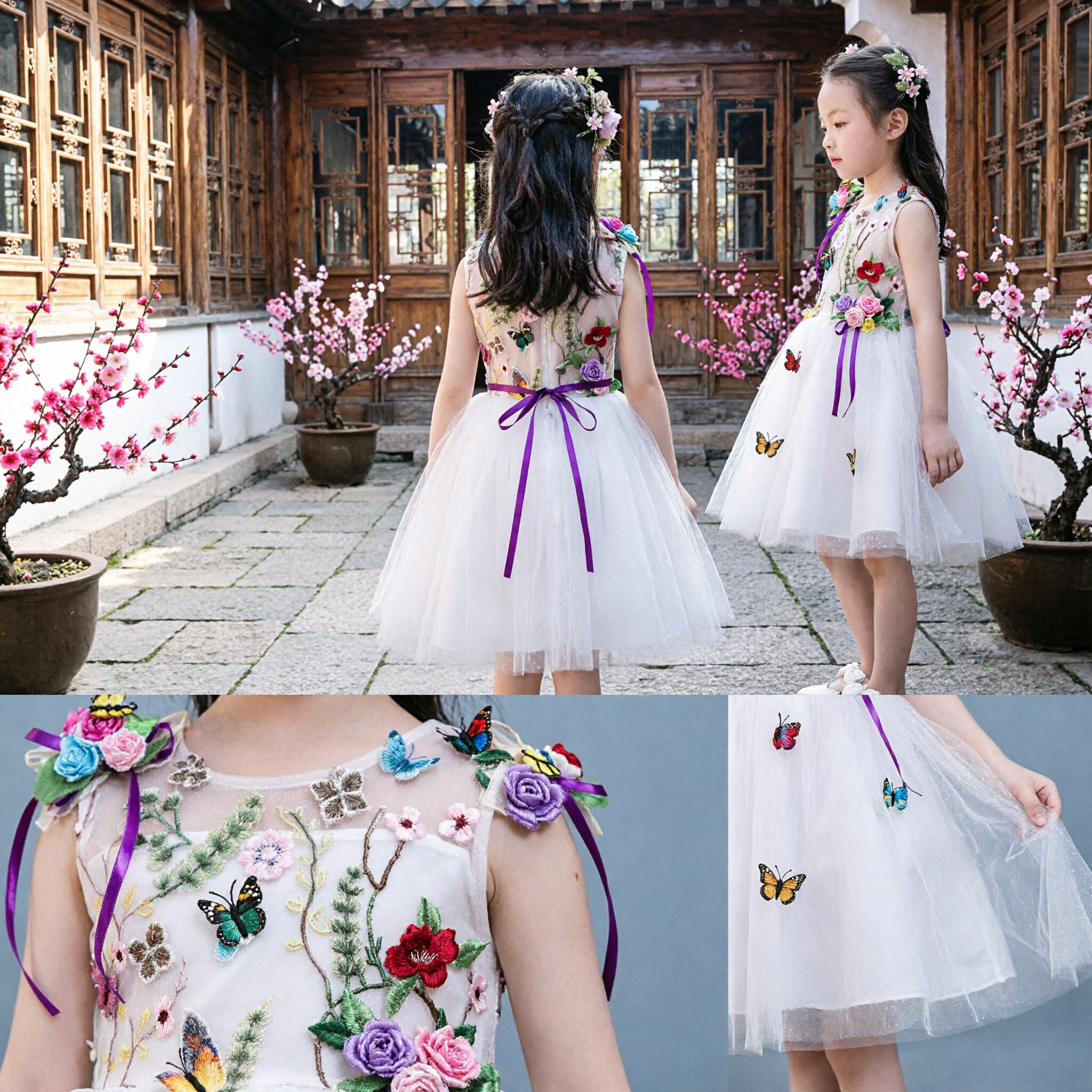 Kids Girls Fairy Princess Dress Sleeveless Butterfly Embroidery Tulle Gown for Wedding Party - Asian Costume