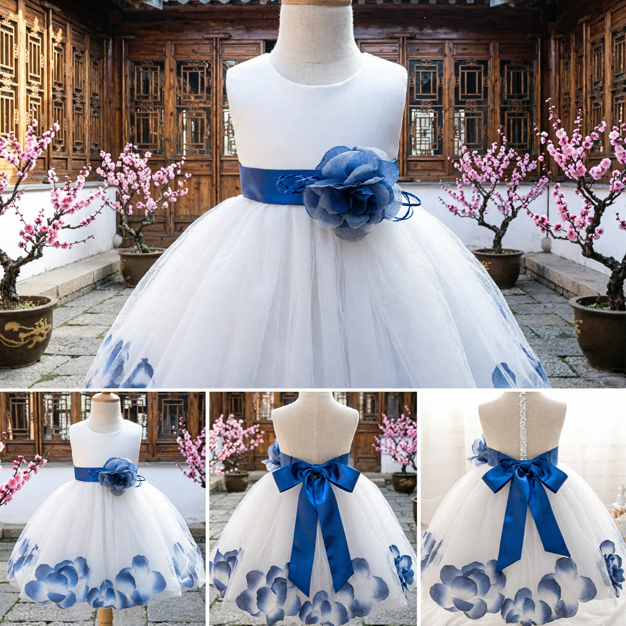 Elegant White Flower Girl Princess Dress Blue Floral Tulle Ball Gown for Wedding Party - Asian Costume